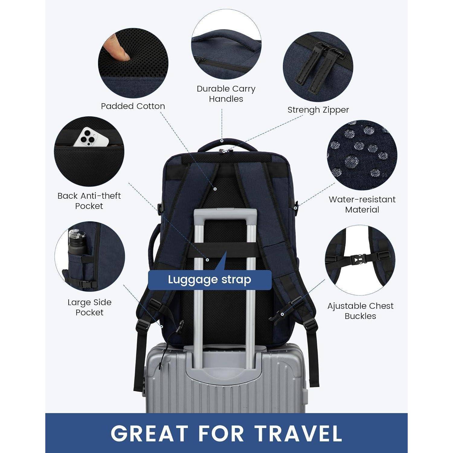 Ein Rucksack mit gepolsterter Baumwolle, robusten Tragegriffen, starkem Reißverschluss, wasserfestem Material, Brustschnallen und diebstahlsicheren Taschen. Ausgestattet mit einem Kofferriemen; gekennzeichnet als ‚IDEAL FÜR REISEN'.