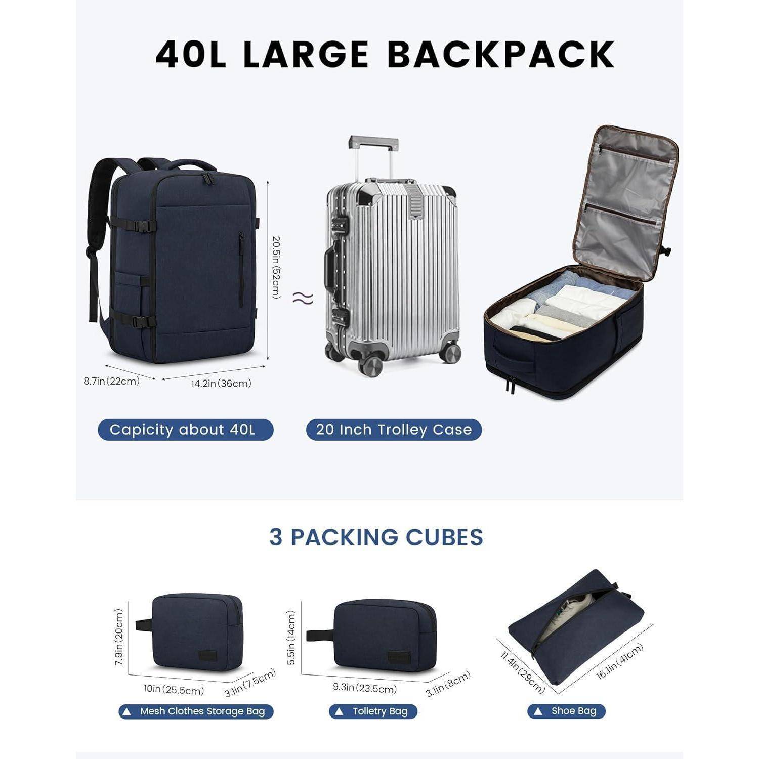 Reiserucksack Handgepäck 40L Kofferrucksack 17,3 Zoll Dunkelblau