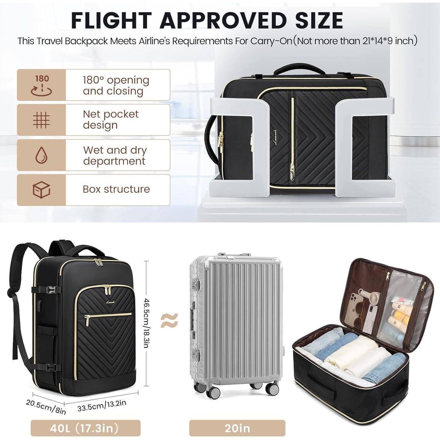 FLIGHT APPROVED SIZE' Rucksack, Koffer und Packtasche. Hauptmerkmale: 180° Öffnen/Schließen, Netztasche, Trennung für nasse/trockene Gegenstände, Kastenstruktur.