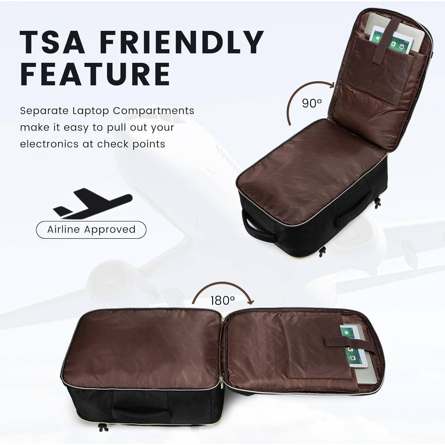 TSA-freundliche Funktion: Separate Laptop-Fächer erleichtern das Herausnehmen Ihrer elektronischen Geräte an Kontrollpunkten. Fluglinien-geprüft.' Das Bild zeigt einen Koffer, der sich 90° und 180° öffnet.