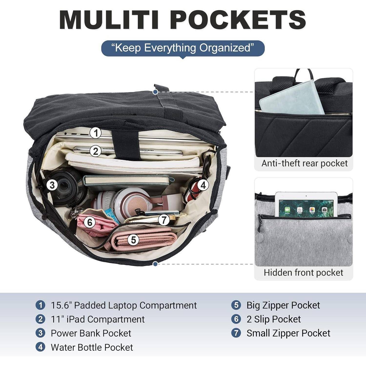 Schulrucksack Mädchen wasserdicht Laptopfach Grau-schwarz 15,6 Zoll