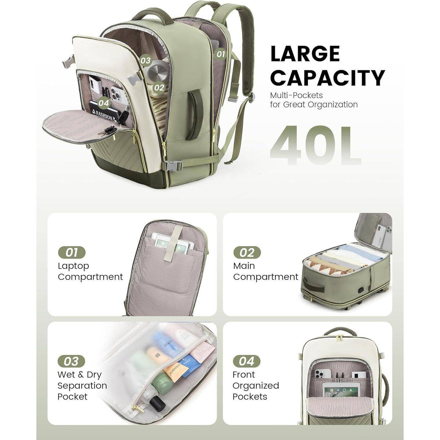 Rucksack Damen Handgepäck Laptop 17.3 zoll Hellgrün Beige