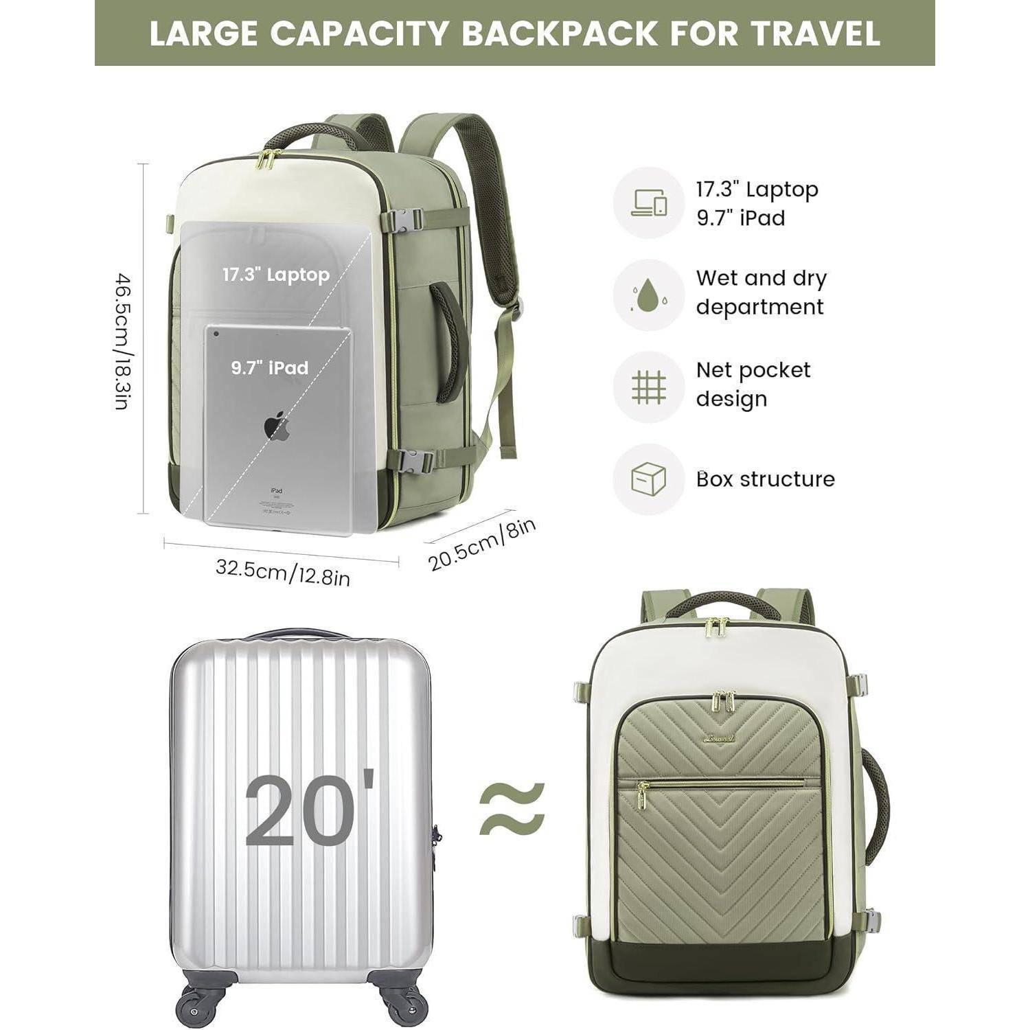 Rucksack Damen Handgepäck Laptop 17.3 zoll Hellgrün Beige