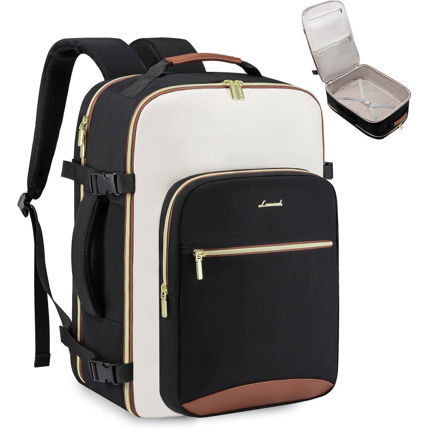 Rucksack Handgepäck 40x20x25 20L Schwarz Beige Braunes Leder 1pc