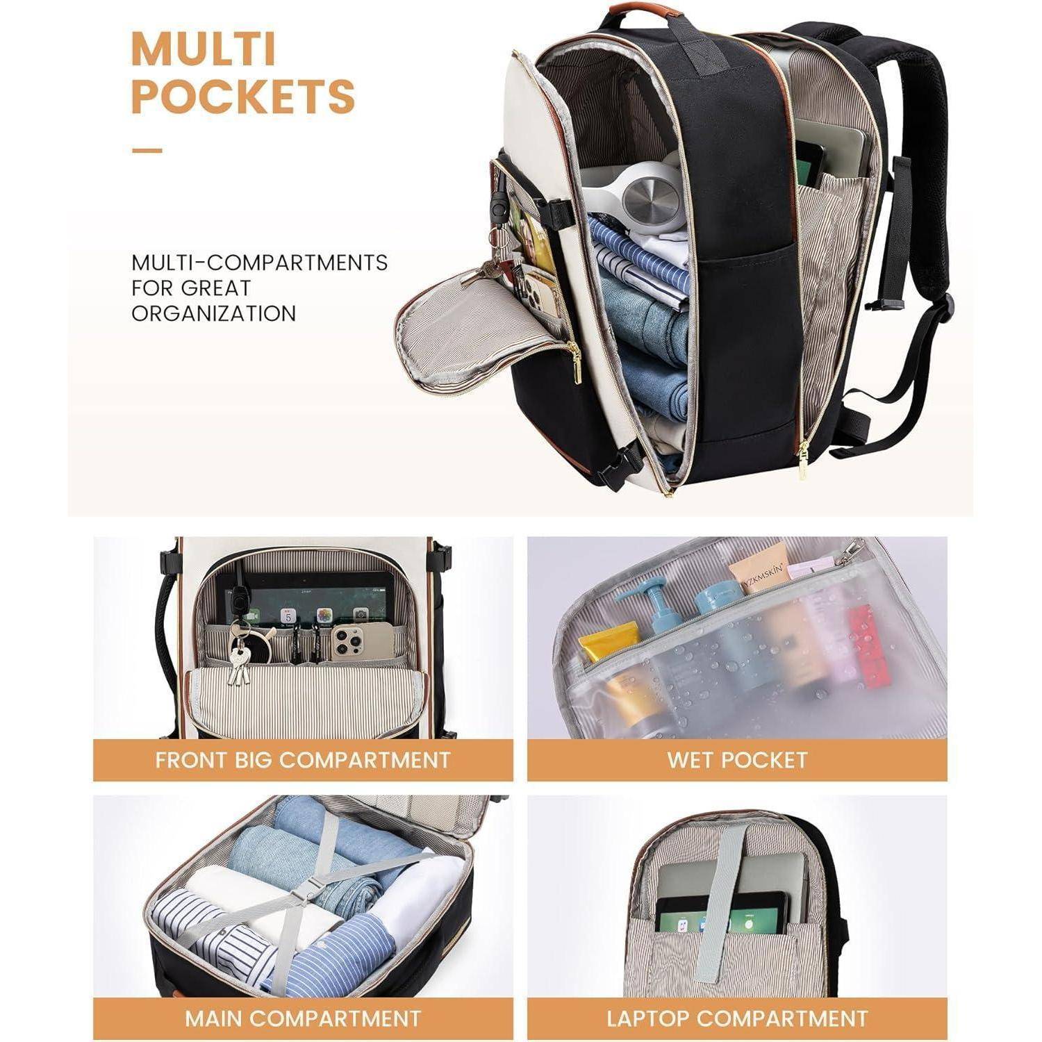 Rucksack Handgepäck 40x20x25 20L Schwarz Beige Braunes Leder 1pc