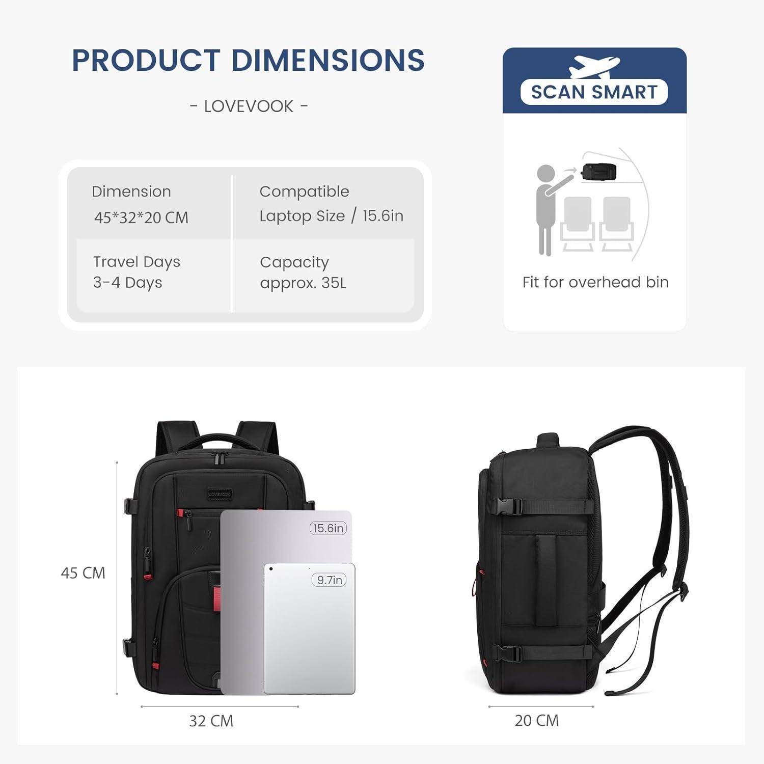 Rucksack Handgepäck Herren 15 6 Zoll Schwarz-grau L (45 x 32 x 20 cm)