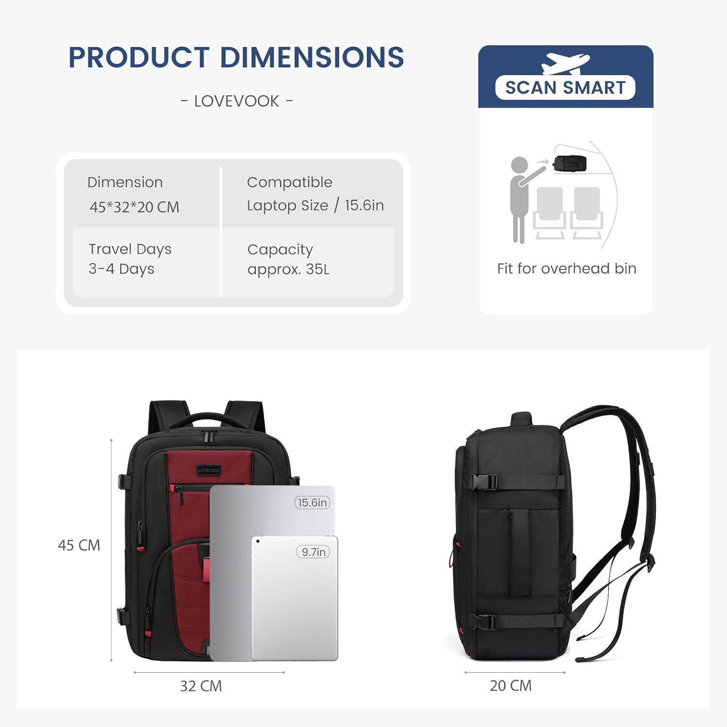 Reiserucksack Handgepäck Flugzeug Schwarz-rot L (45 x 32 x 20 cm)