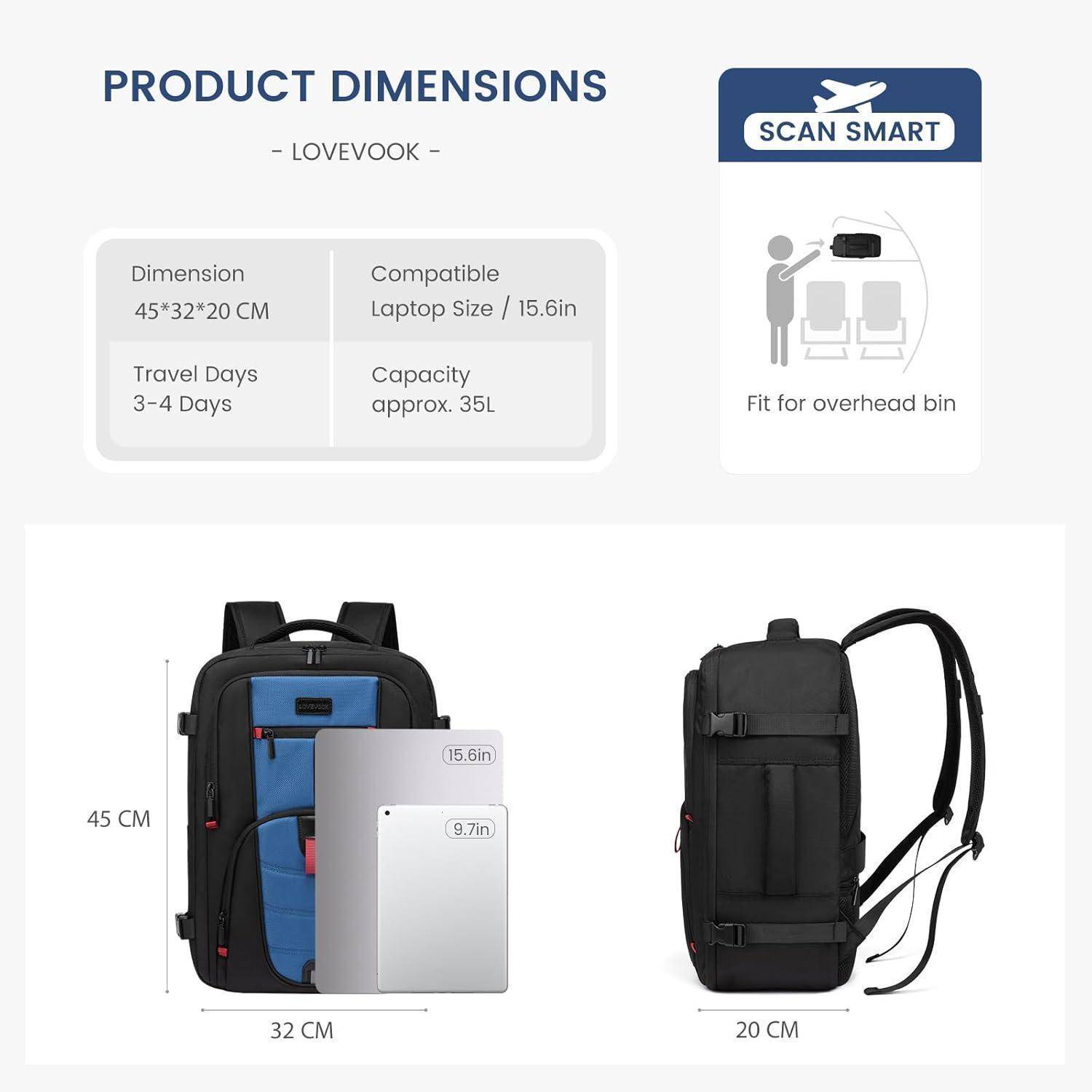 Rucksack Handgepäck Herren Laptopfach Schwarz-blau L (45 x 32 x 20 cm)