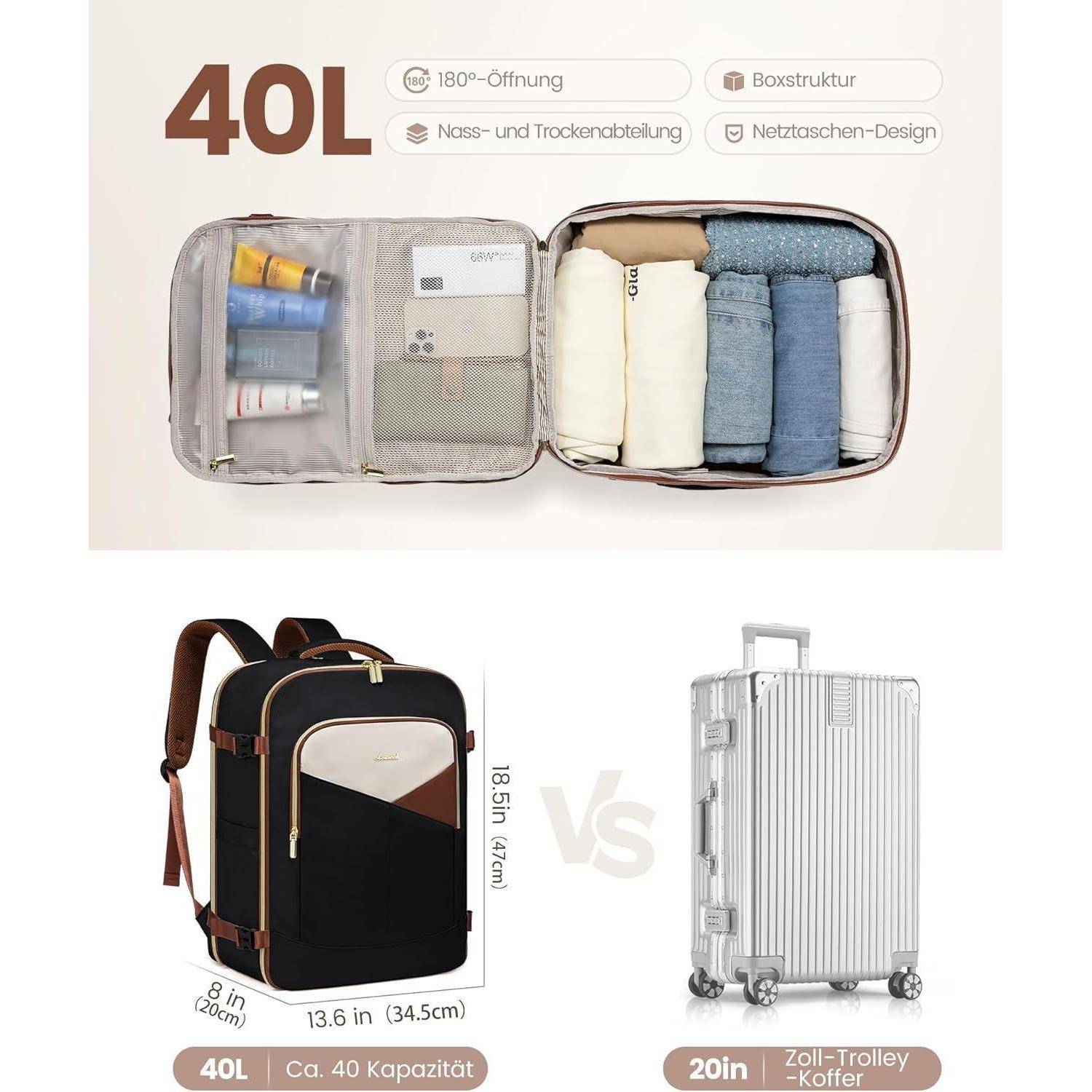 Rucksack 40L Wasserdicht Laptop 17 Zoll Damen L Schwarz beige braun