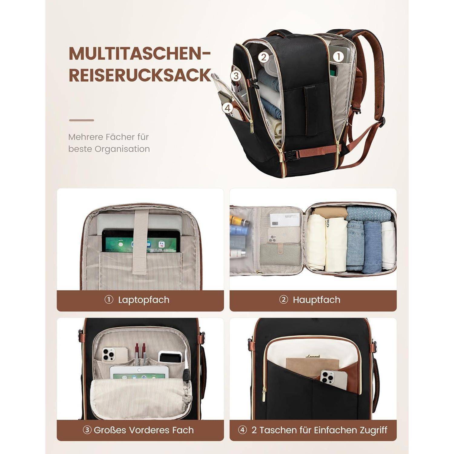 Rucksack 40L Wasserdicht Laptop 17 Zoll Damen L Schwarz beige braun