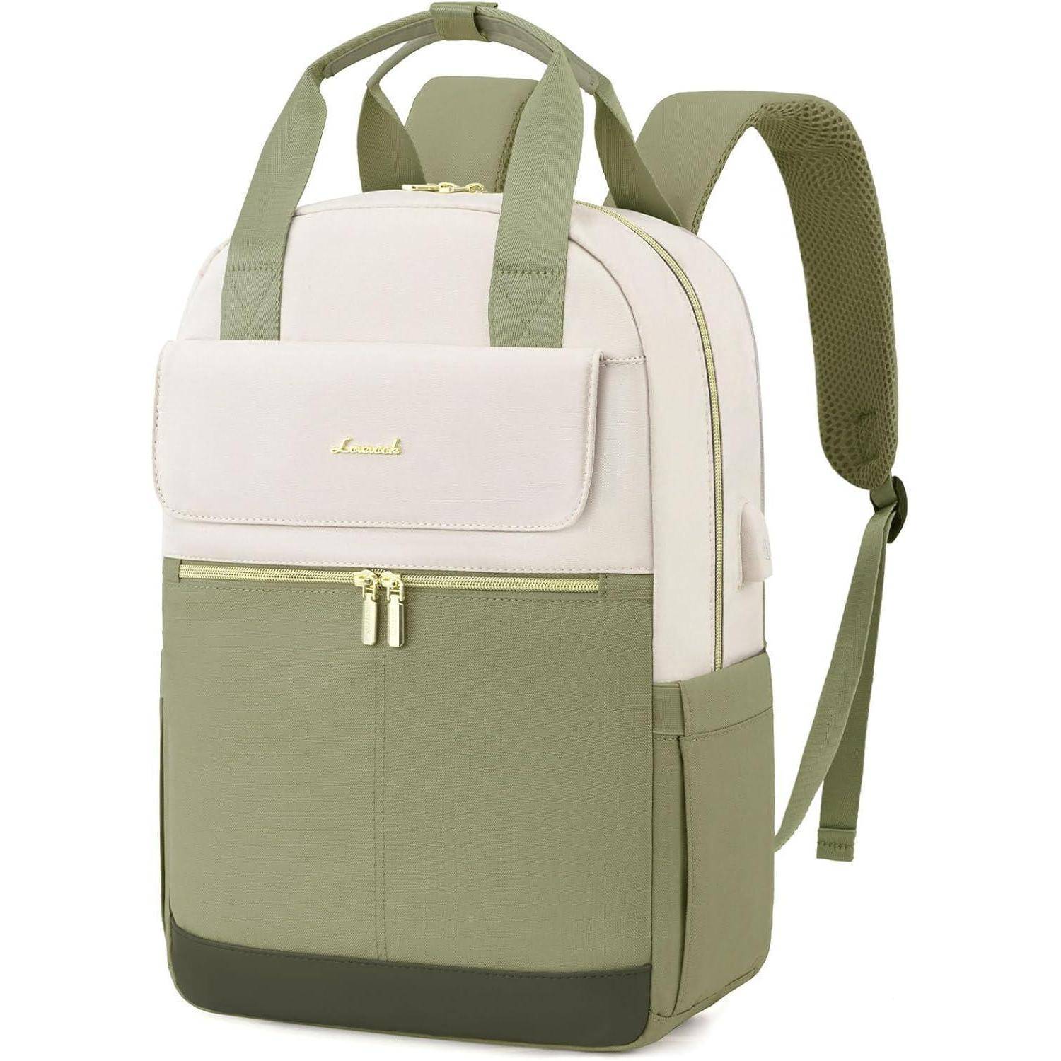 Ein stilvoller Rucksack in Zweifarbigkeit mit grünen und beigen Abschnitten, ausgestattet mit einer Fronttasche, Tragegriffen oben und verstellbaren Schulterriemen.