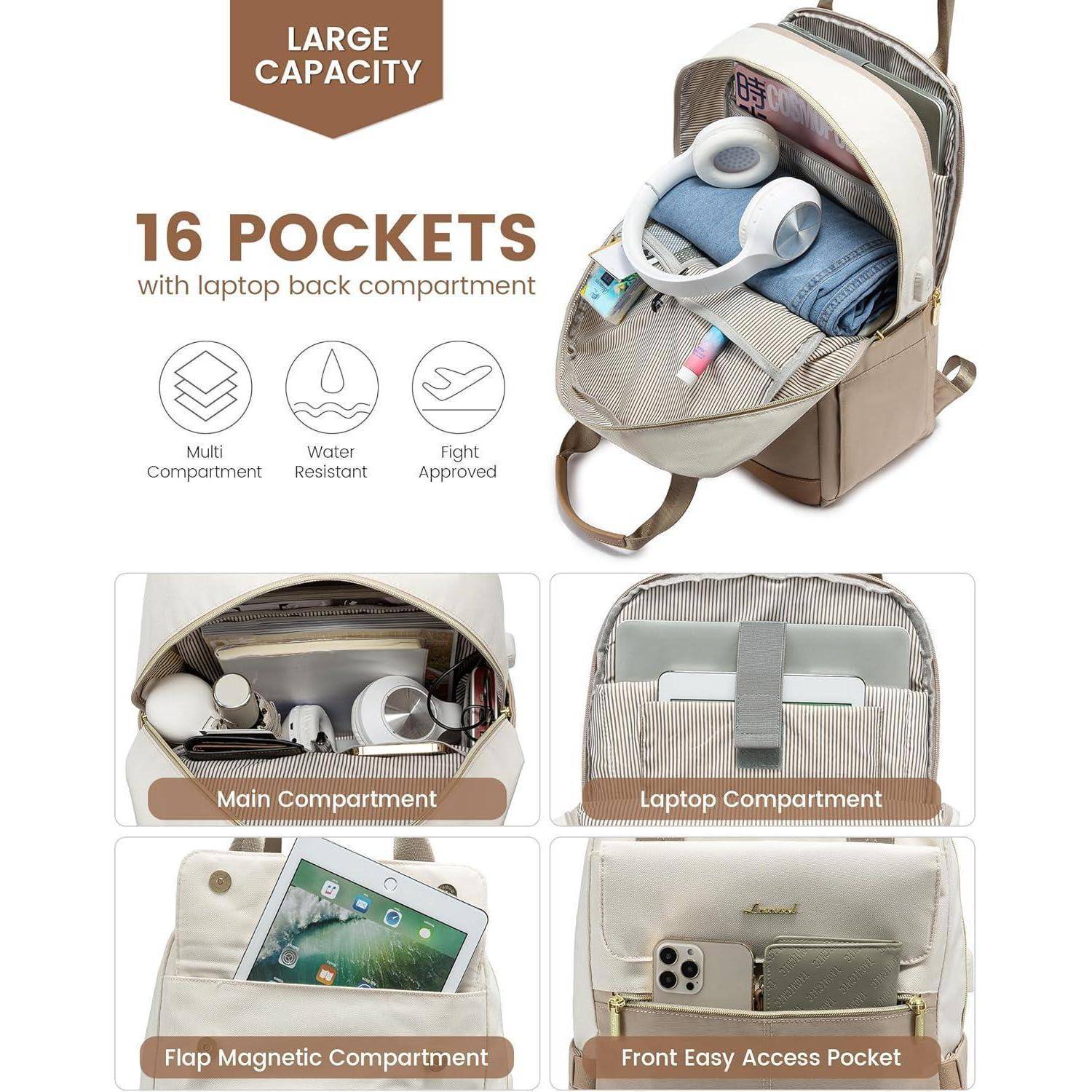 Rucksack mit 16 Taschen, einschließlich eines Laptopfachs. Merkmale umfassen großes Fassungsvermögen, Wasserbeständigkeit und Flugzulassung. Bilder zeigen Hauptfach, Laptopplatz, magnetische Klappe und Zugang zur Vordertasche.