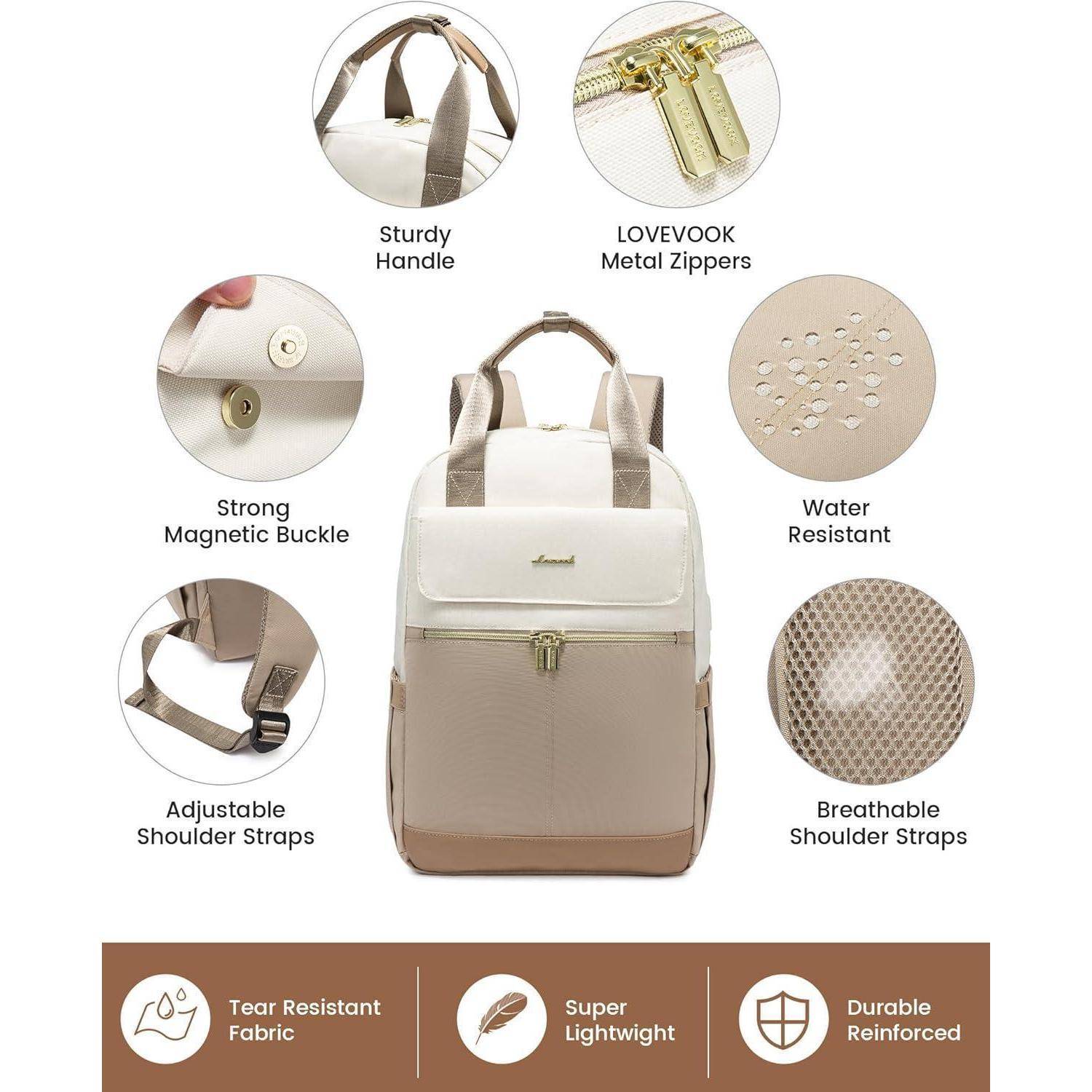 Rucksack-Bild mit Hervorhebung der Funktionen: robuster Griff, LOVEVOOK Metallreißverschlüsse, starker Magnetverschluss, verstellbare Riemen, wasser- und reißfeste Oberfläche, atmungsaktive Riemen, leicht, langlebig.