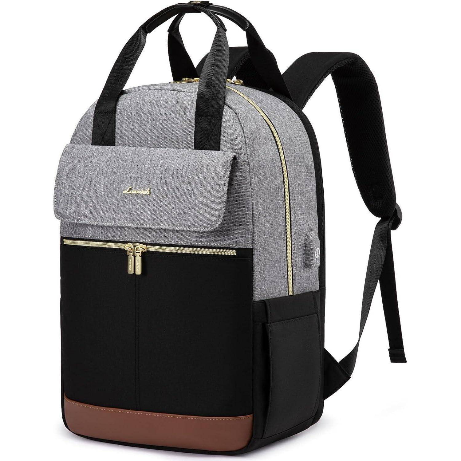 Ein stilvoller, zweifarbiger Rucksack mit grauem Oberteil, schwarzer Basis, Lederakzenten und goldenen Reißverschlüssen, ausgestattet mit Seitentaschen und einem Tragegriff oben.