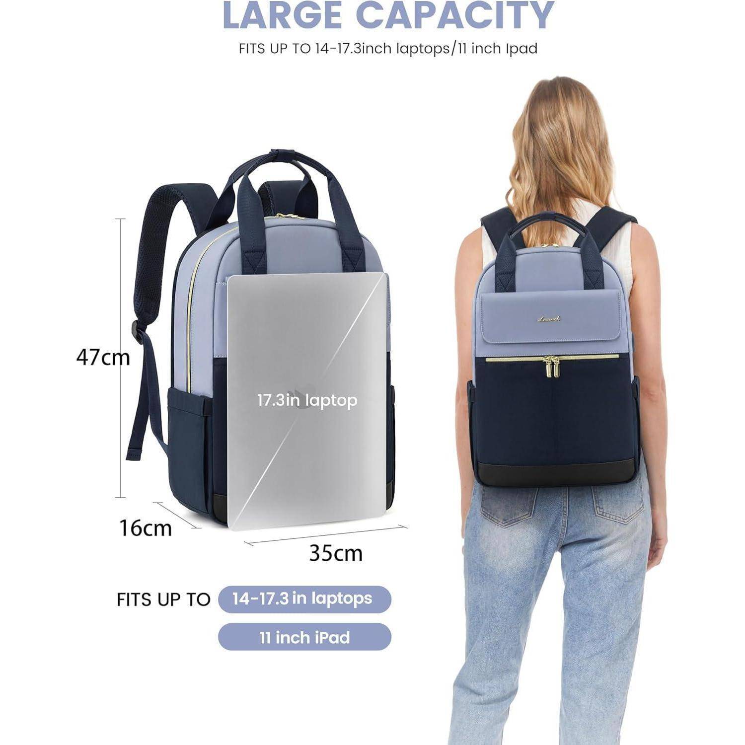 Rucksack an einer Frau, Abmessungen werden hervorgehoben: 47 cm hoch, 35 cm breit, 16 cm tief. Passt für Laptops bis zu 14-17,3 Zoll oder ein 11-Zoll-iPad.