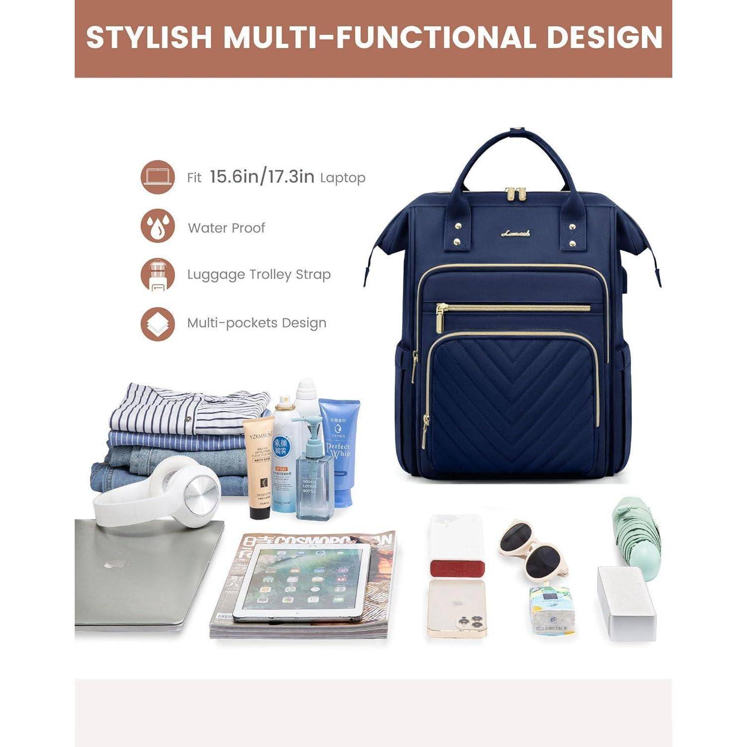 Ein blauer multifunktionaler Rucksack mit verschiedenen Fächern ist zu sehen. Er bietet Platz für einen Laptop, Kleidung, Toilettenartikel und andere Notwendigkeiten. Zu den Merkmalen gehören Wasserresistenz und ein Trolley-Befestigungsriemen.