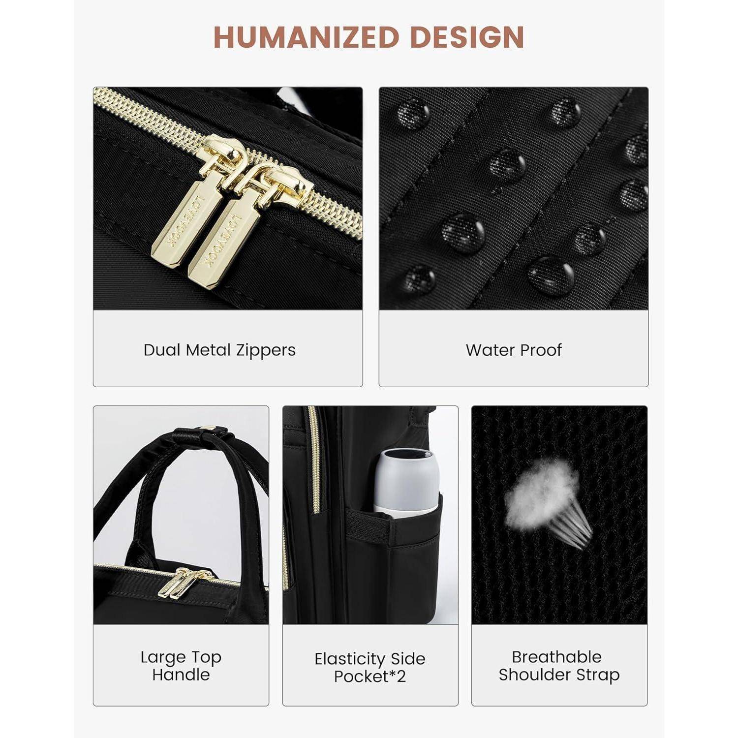 Das Design mit 'Menschlicher Note' zeigt Bilder, die die zwei Metallreißverschlüsse der Tasche, ihre Wasserresistenz, den großen Tragegriff, die elastischen Seitentaschen und den atmungsaktiven Schultergurt veranschaulichen.