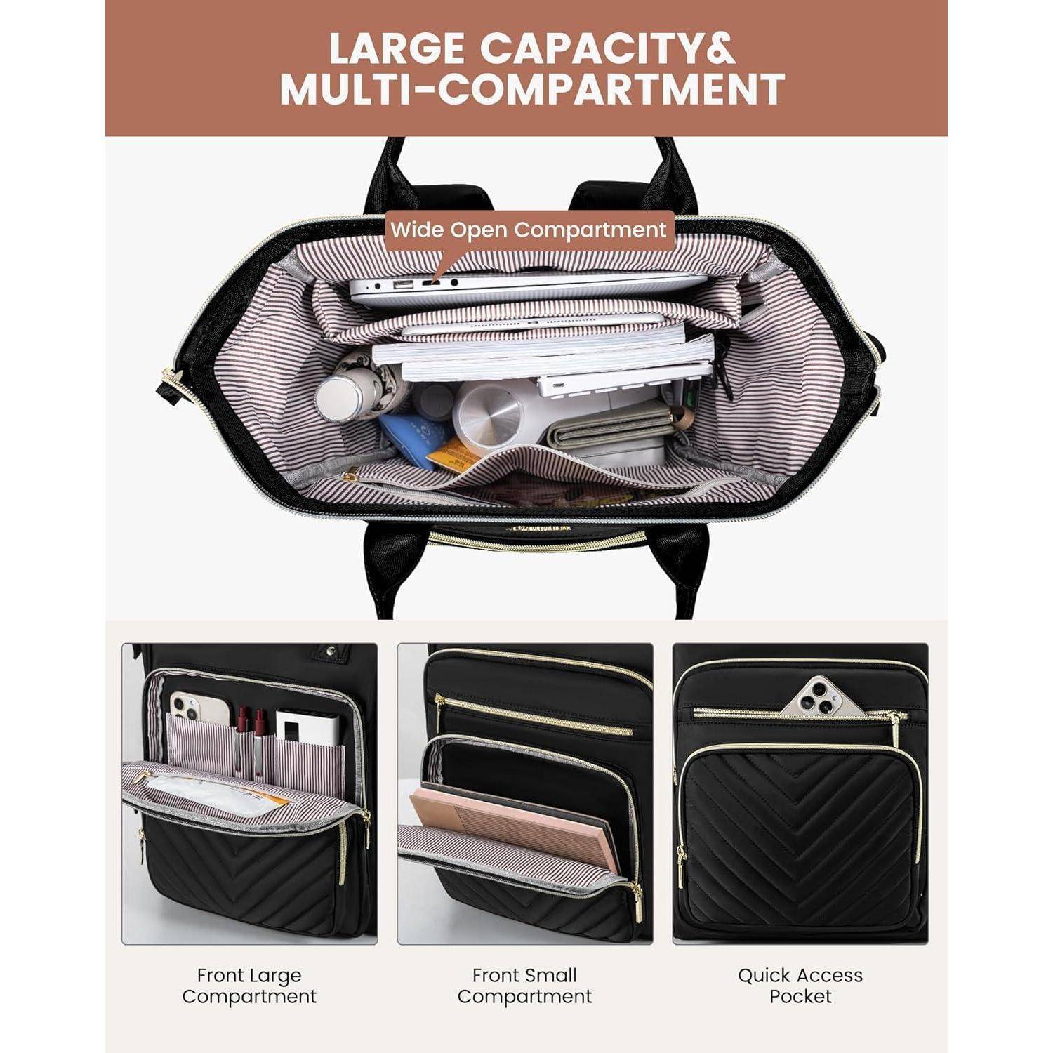 Innenansicht einer schwarzen Tasche, die ihr großes, mehrkammeriges Design mit organisiertem Stauraum für Elektronikgeräte und persönliche Gegenstände zeigt.