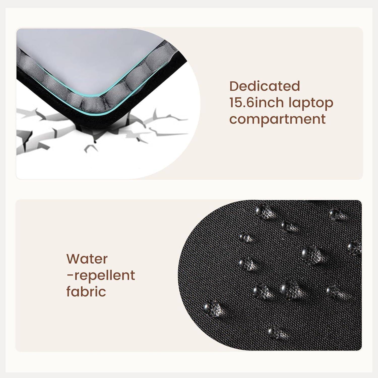 Laptopfach mit wasserabweisendem Stoff. Oberes Bild zeigt eine gepolsterte Ecke für einen 15,6-Zoll-Laptop; unteres Bild zeigt Wassertropfen auf dem Stoff.