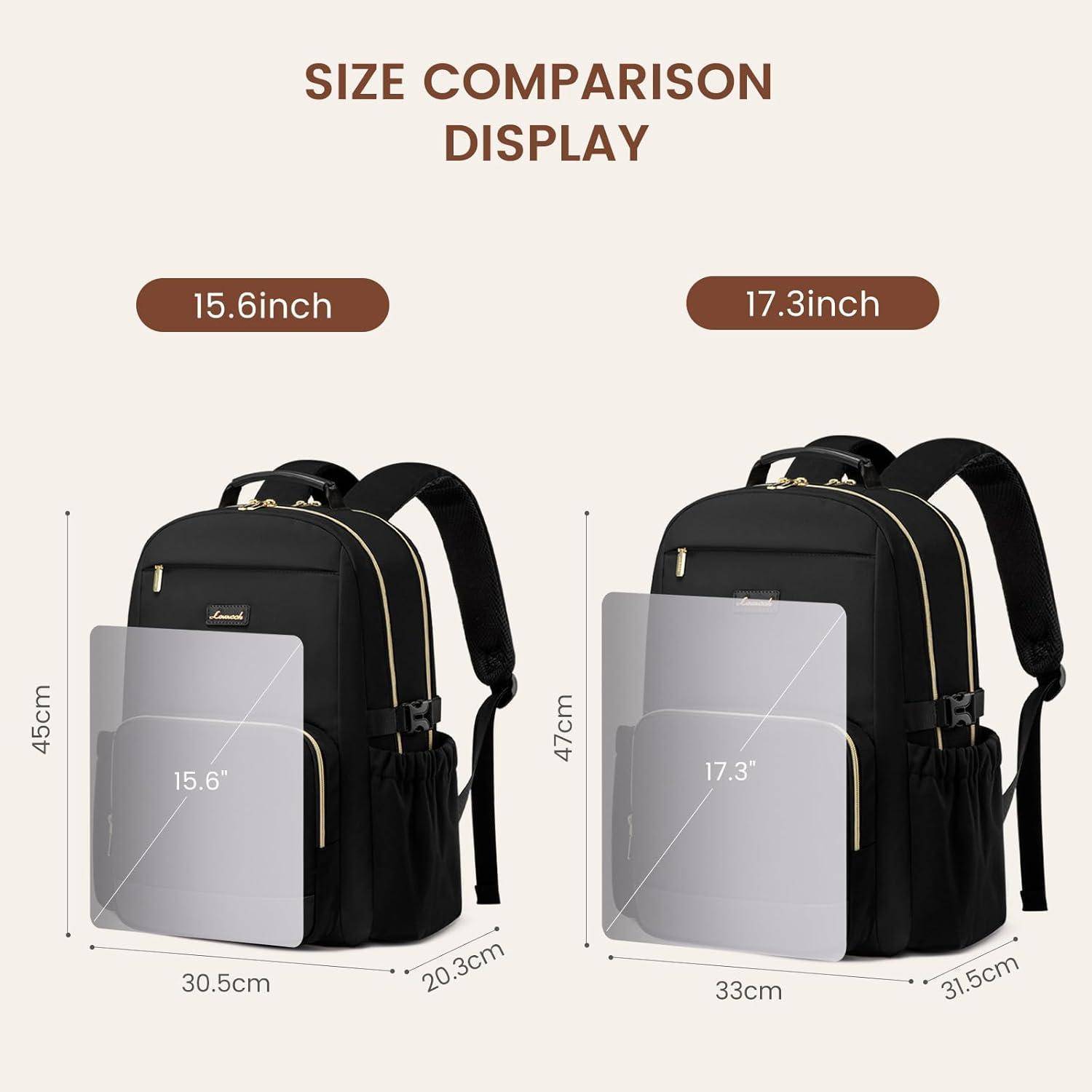 Größenvergleichsanzeige mit zwei schwarzen Rucksäcken nebeneinander. Linker Rucksack für 15,6-Zoll-Laptops, rechter für 17,3-Zoll-Laptops.