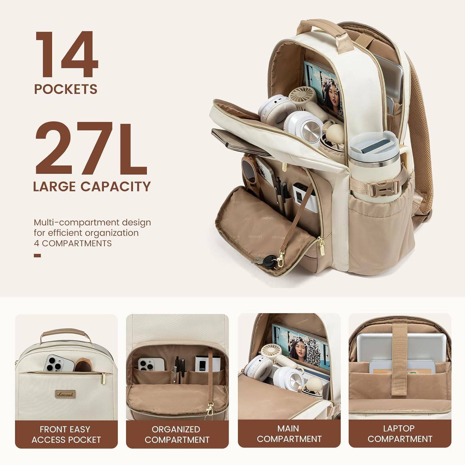 Rucksack mit 14 Taschen, 27 Liter Fassungsvermögen. Zeichnet sich durch ein multifunktionales Fachdesign für effiziente Organisation aus, einschließlich Vorder-, Haupt- und Laptopfach.