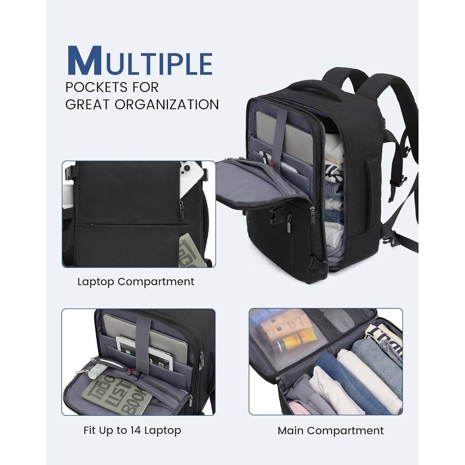 Rucksack mit mehreren Taschen dargestellt; verfügt über ein Laptopfach für Geräte bis zu 14
