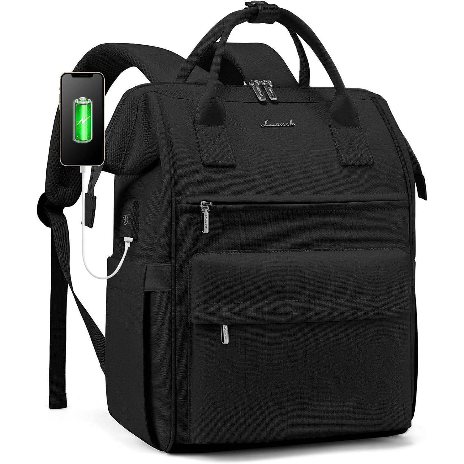 Schwarzer Rucksack mit USB-Ladeanschluss und einem Akku-Symbol, das eine vollständige Ladung anzeigt. Zu den Merkmalen gehören mehrere Reißverschlüsse und gepolsterte Träger.