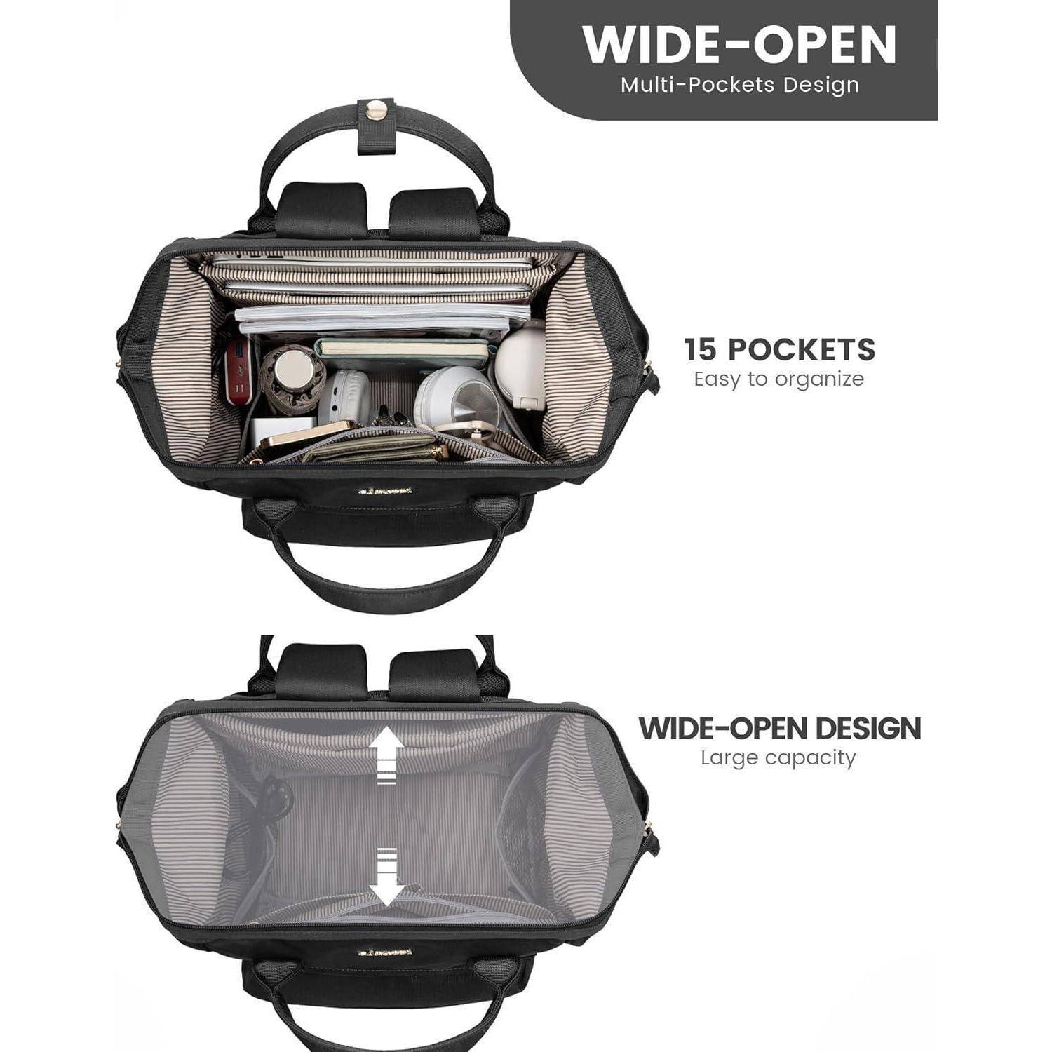 Das Bild zeigt eine weit geöffnete Handtasche mit '15 Fächern' für Organisation und einem 'weit geöffneten Design' für große Kapazität.
