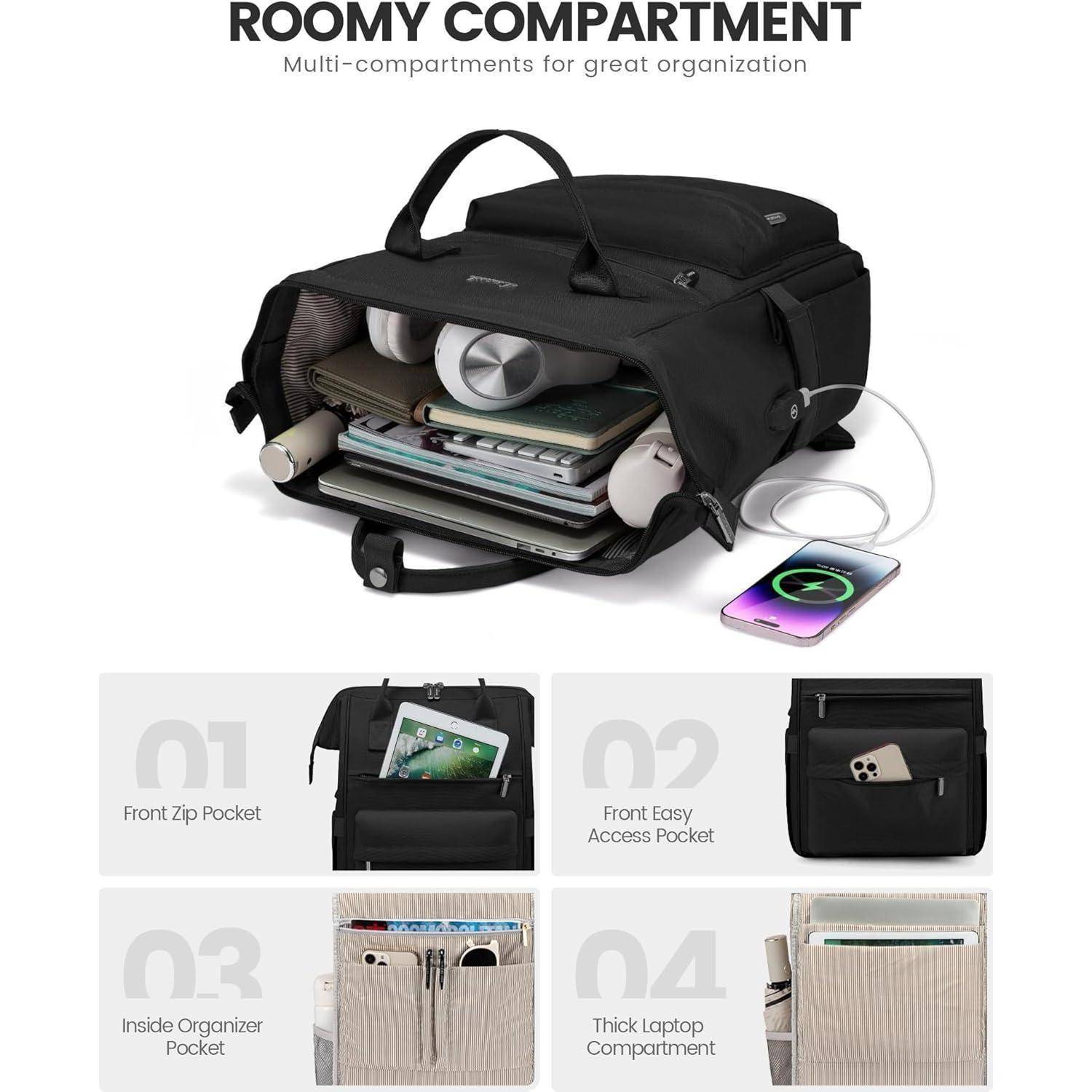 Eine schwarze Reisetasche mit übersichtlichen Fächern, in denen elektronische Geräte und Zubehör ordentlich verstaut sind. Daneben lädt ein Telefon kabellos.