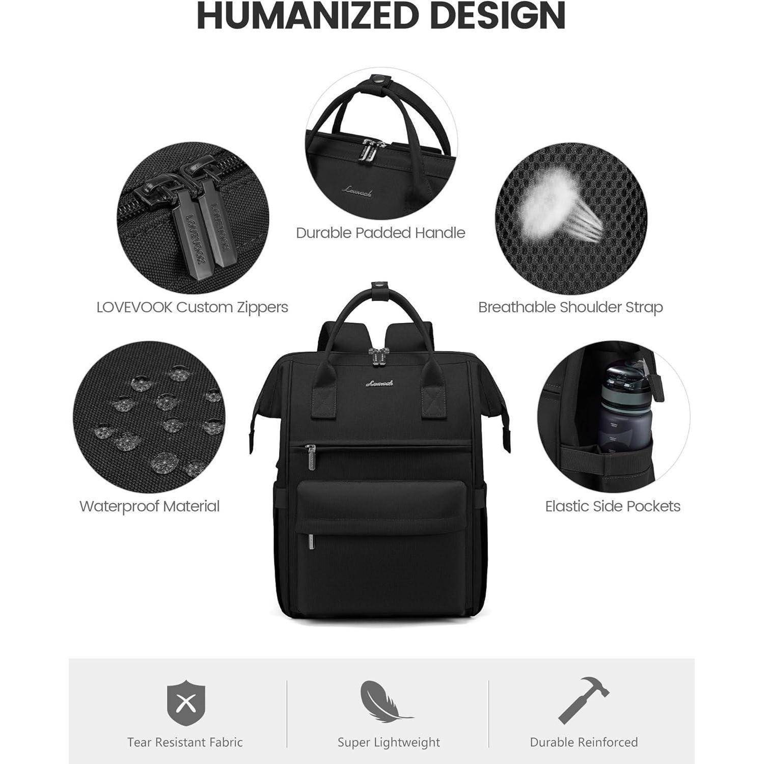 Ein schwarzer Rucksack mit folgenden Merkmalen: robuster gepolsterter Griff, atmungsaktive Schultergurte, elastische Seitentaschen, wasserdichtes Material, maßgefertigte Reißverschlüsse.