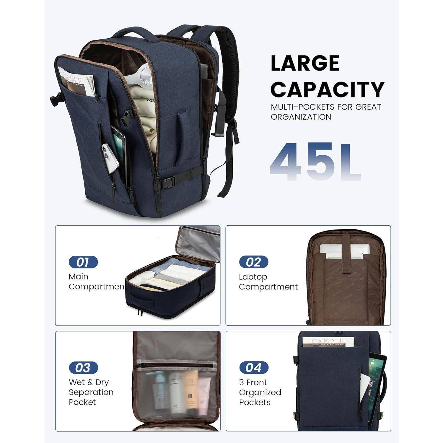 Reiserucksack 45L Handgepäck Laptop 18 Zoll Extra Groß Dunkelblau