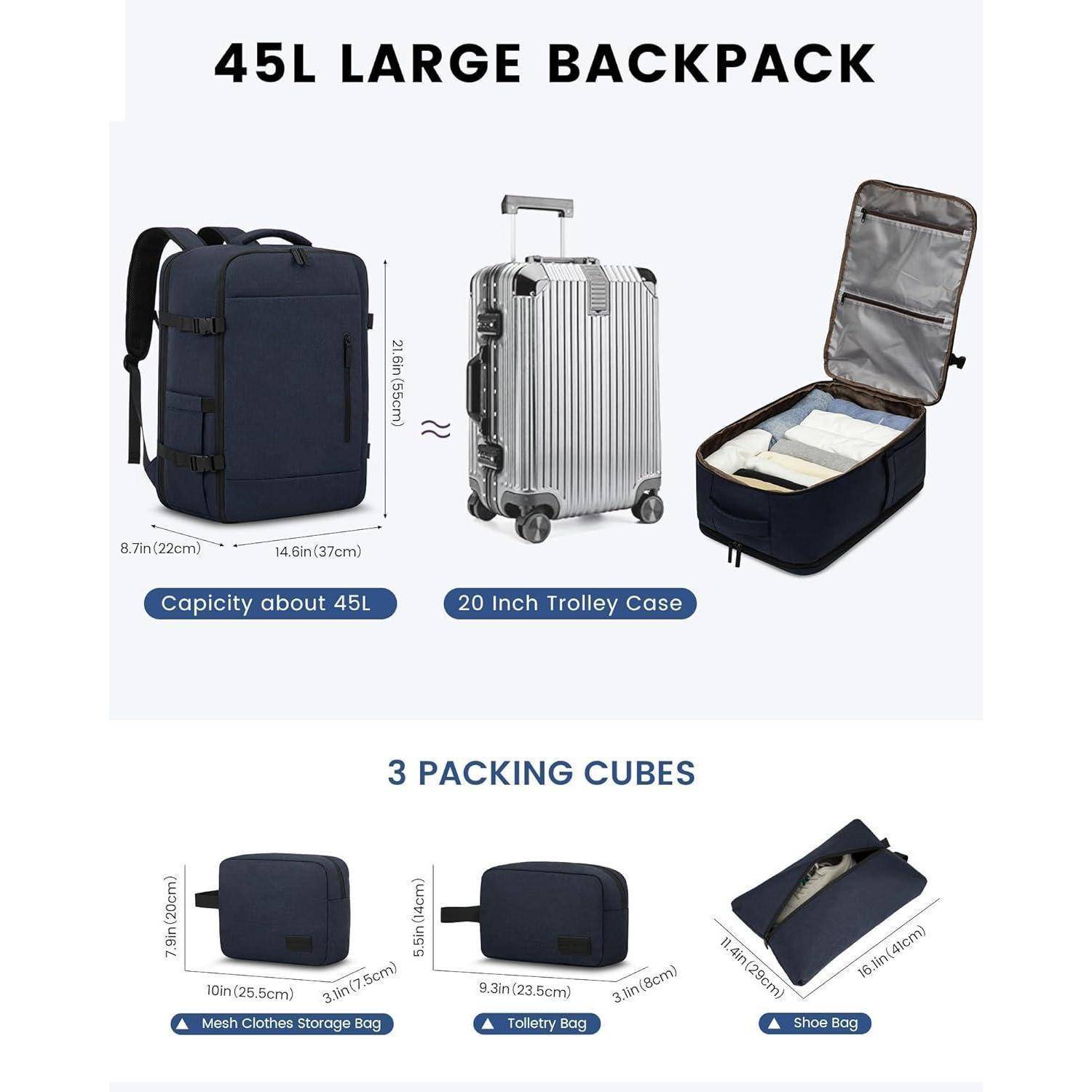 Reiserucksack 45L Handgepäck Laptop 18 Zoll Extra Groß Dunkelblau