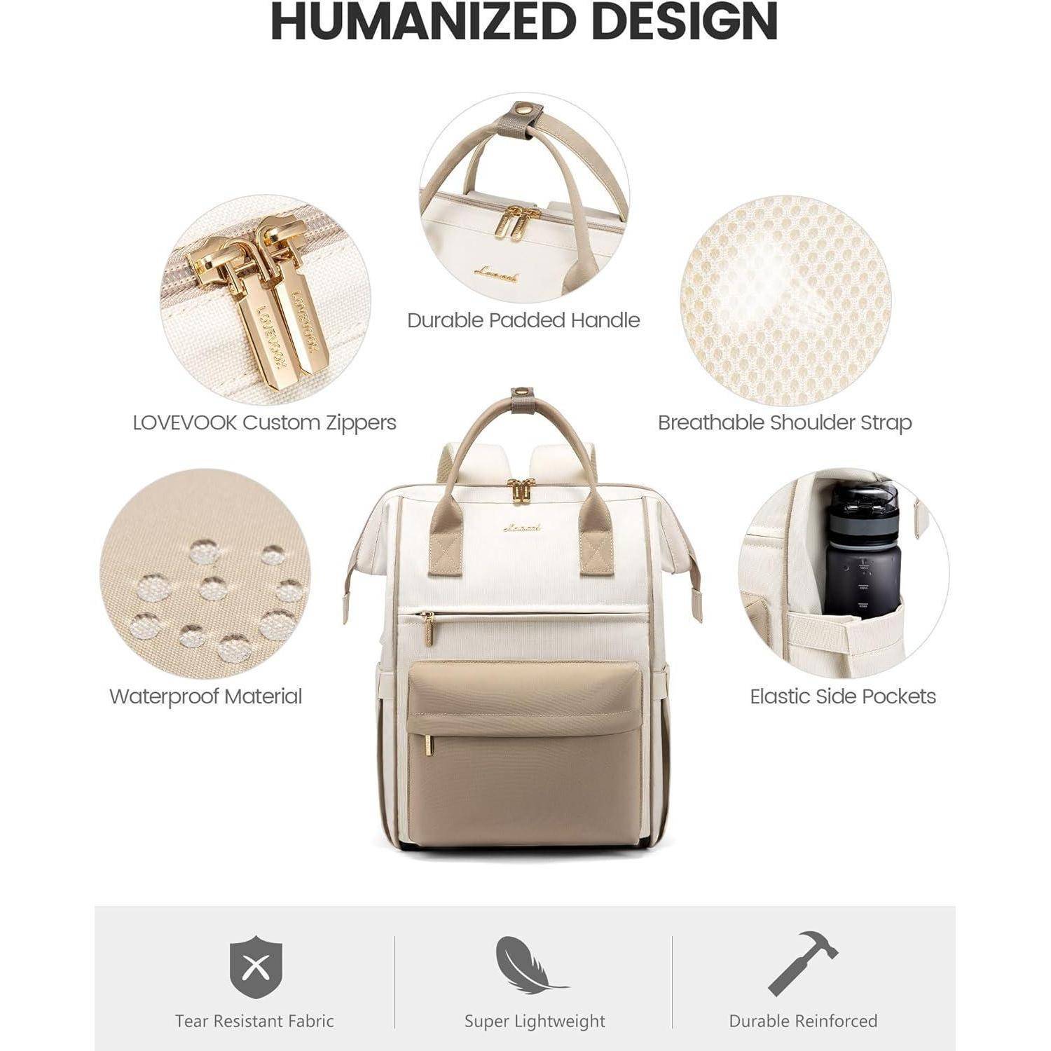 Ein Bild, das einen multifunktionalen beigen Rucksack zeigt, mit hervorgehobenen Merkmalen: robuster gepolsterter Griff, atmungsaktiver Schultergurt, wasserdichtes Material, elastische Seitentaschen und LOVEVOOK-Reißverschlüsse.