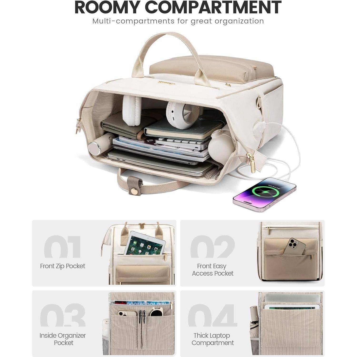 Damen Rucksack 15,6 Zoll Laptop Wasserdicht Daypack Beige