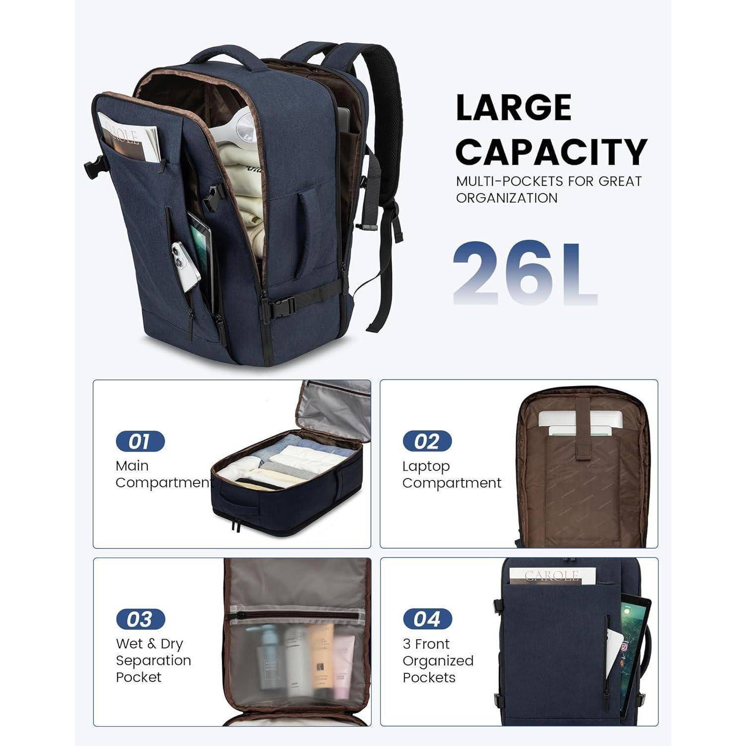 Rucksack Handgepäck 45x36x20 Laptop Reiserucksack 15,6 Zoll Dunkelblau