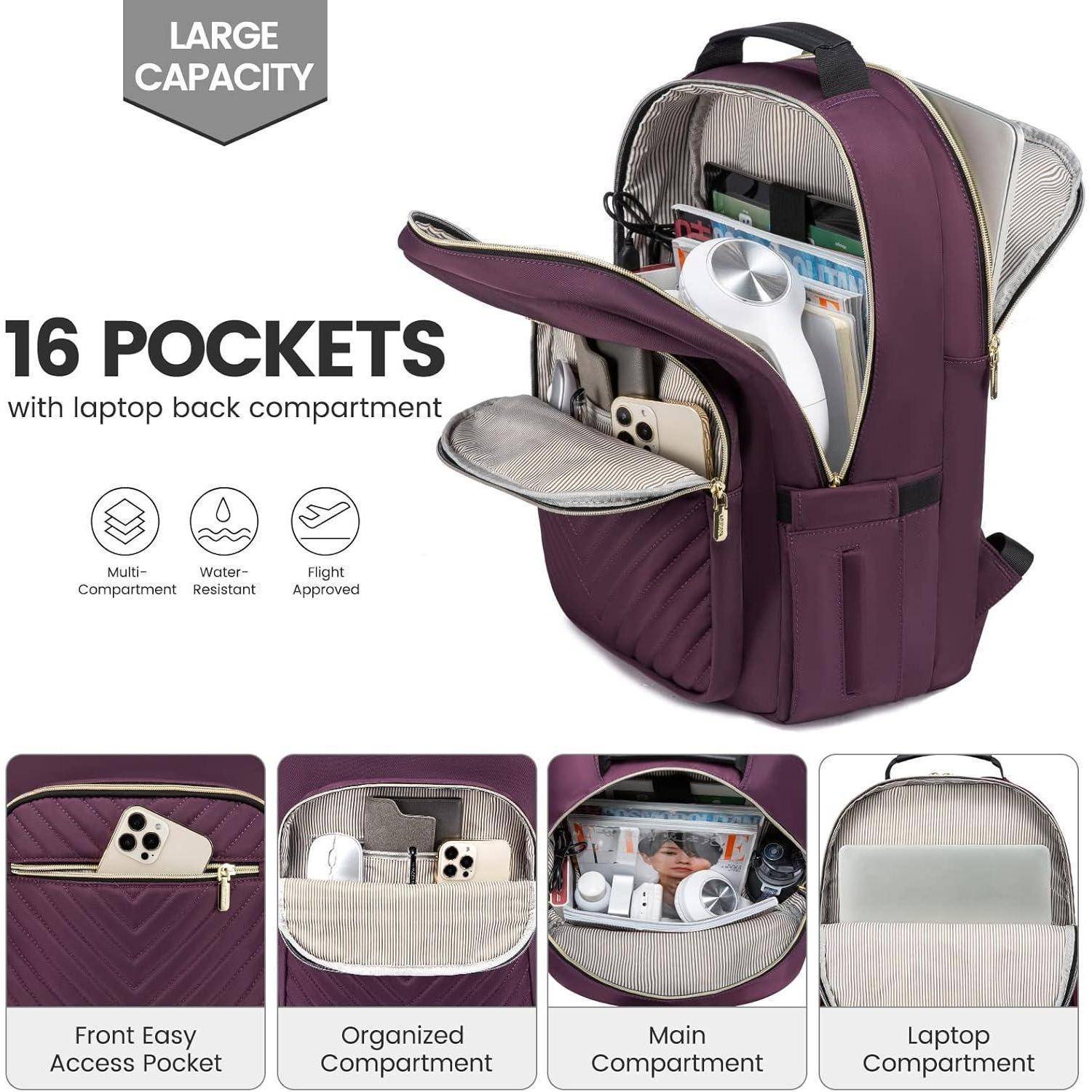 Lila Rucksack mit 16 Taschen, geöffnet gezeigt, mit Fächern für einen Laptop, Tablet und Mobiltelefon, wobei Organisation und Kapazität betont werden.