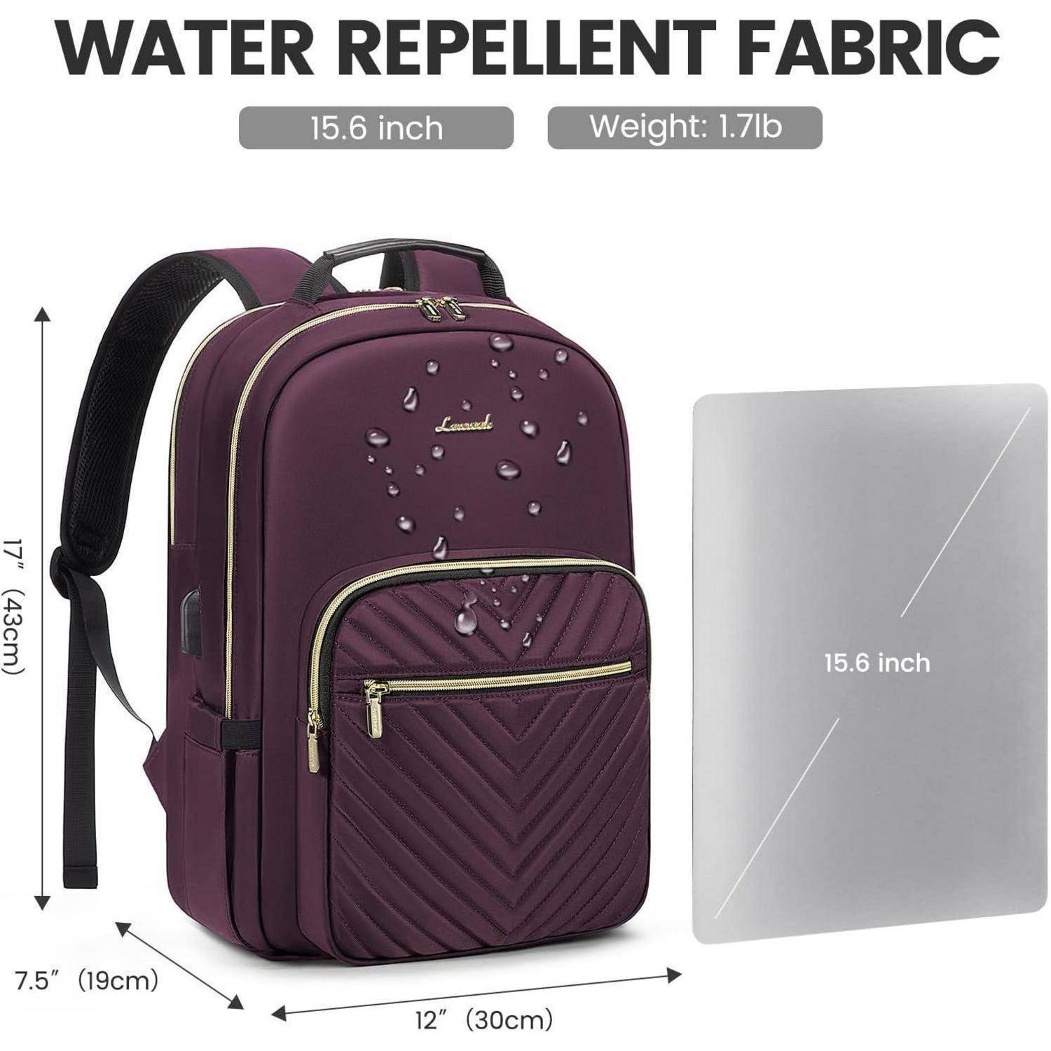 Rucksack mit Wassertropfen, die den wasserabweisenden Stoff veranschaulichen, Abmessungen 15,6 Zoll x 12 Zoll x 7,5 Zoll, Gewicht 1,7 Pfund.