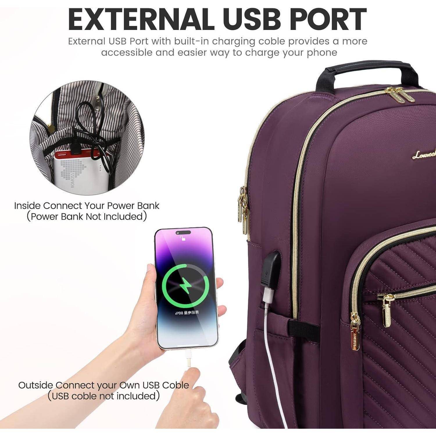 Ein lila Rucksack mit einem externen USB-Anschluss und angeschlossenem Telefon. Der Text hebt den 'Externen USB-Anschluss' hervor und gibt Nutzungsanweisungen.