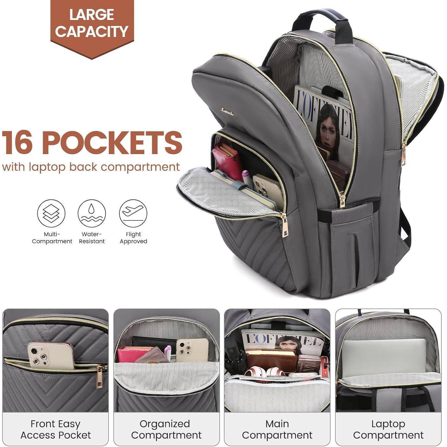 Ein grauer Rucksack mit 16 Taschen, einschließlich eines Laptopfachs. Ausgestattet mit einem Mehrkammer-Design, Wasserresistenz und einer Frontzugriffstasche.