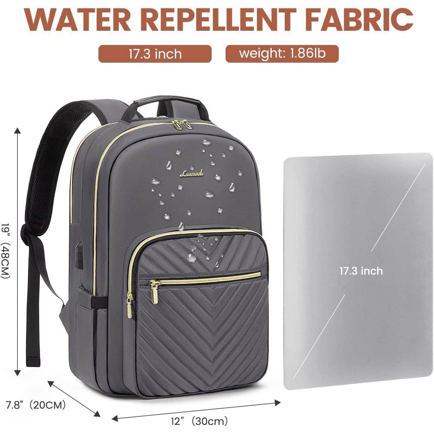 Grauer Rucksack mit gepolsterten Trägern, mehreren Fächern und Wassertropfen auf der Vorderseite. Maße: 17,3 Zoll hoch, 12 Zoll breit. Stoff ist wasserabweisend, Gewicht 1,86 Pfund.