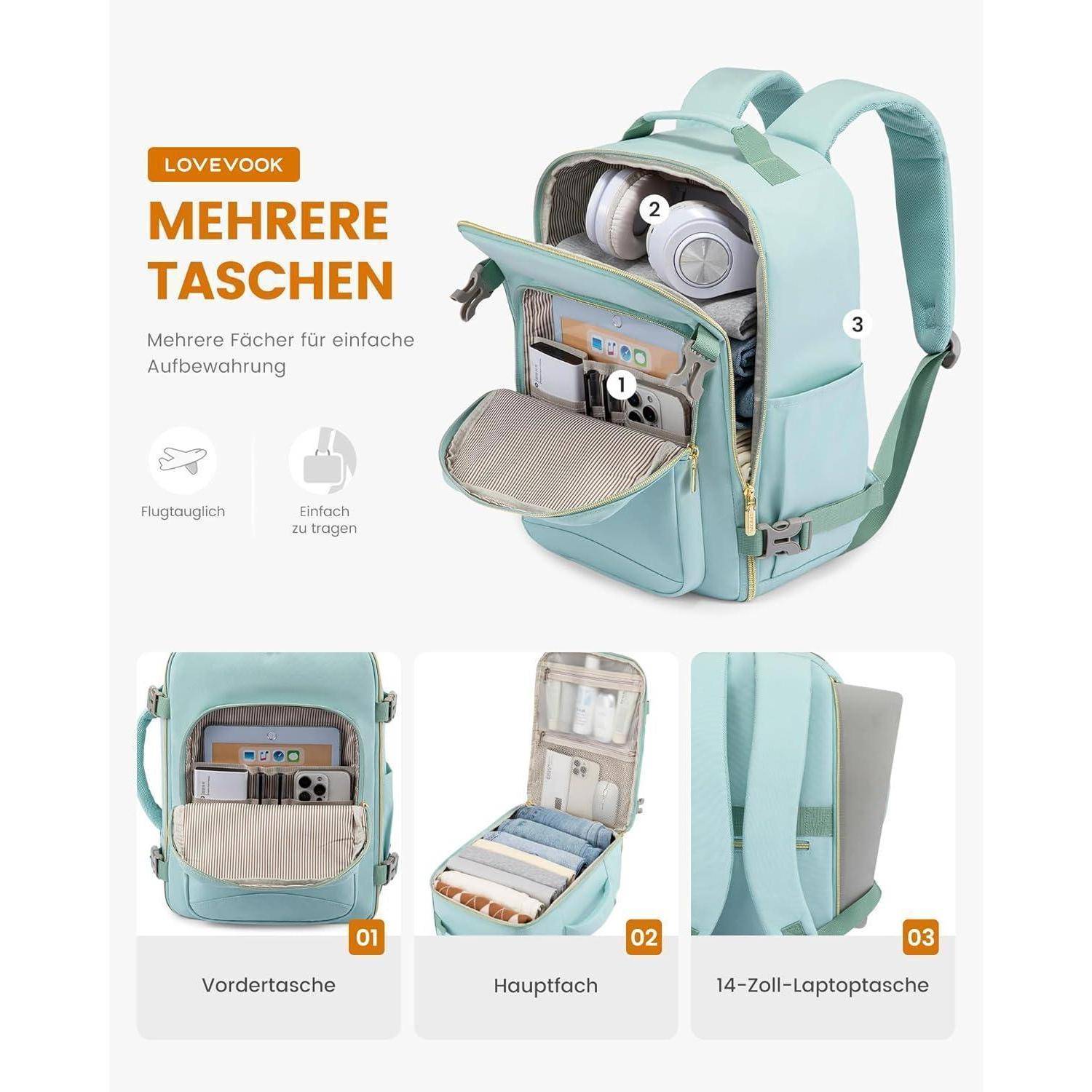 Ein mintgrüner Rucksack mit mehreren Fächern, der eine organisierte Aufbewahrung für Technikzubehör, Toilettenartikel und einen 14-Zoll-Laptop präsentiert.