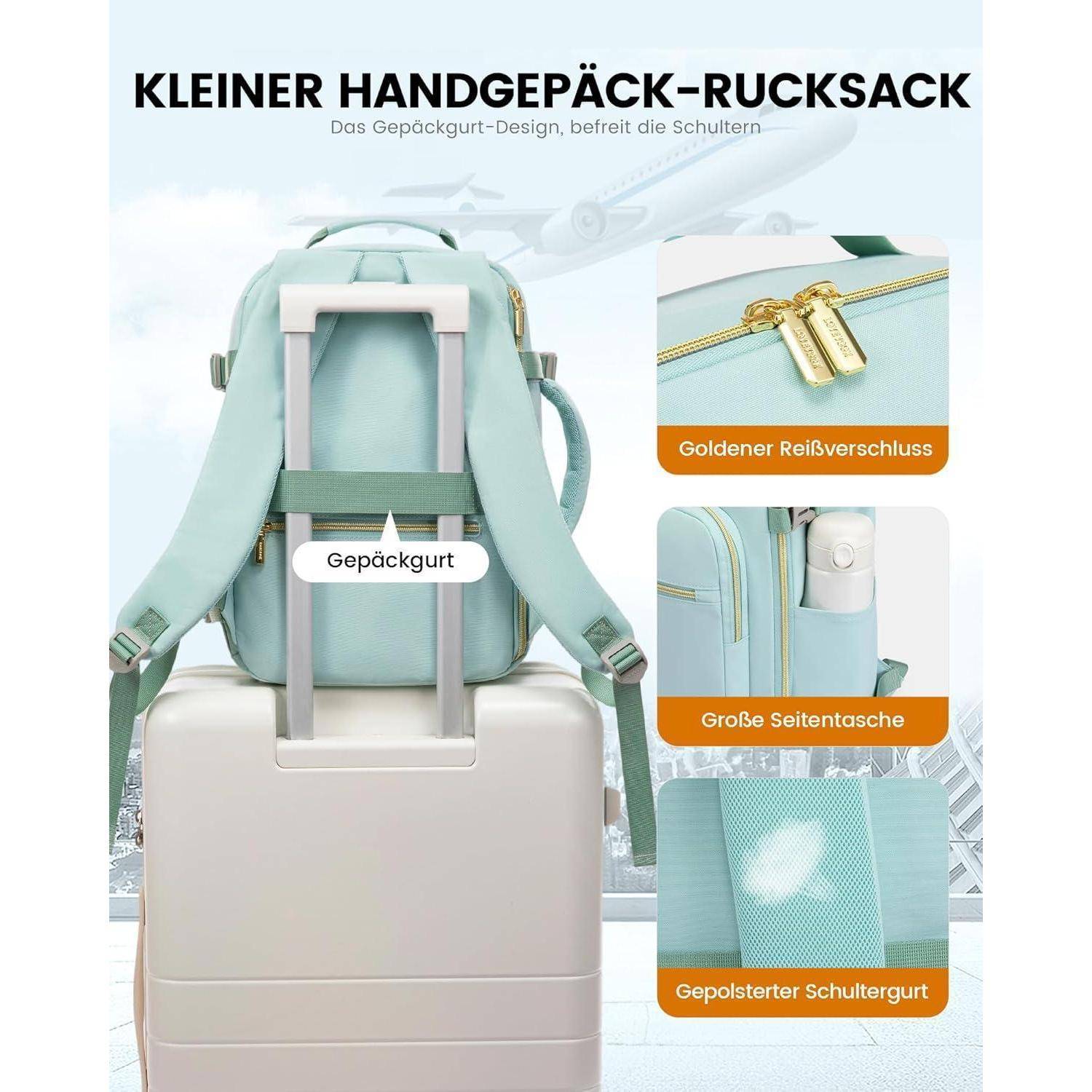 Hellblauer Rucksack auf einem Koffer, der goldene Reißverschlüsse, eine große Seitentasche und gepolsterte Träger hervorhebt. Als „kleiner Handgepäck-Rucksack