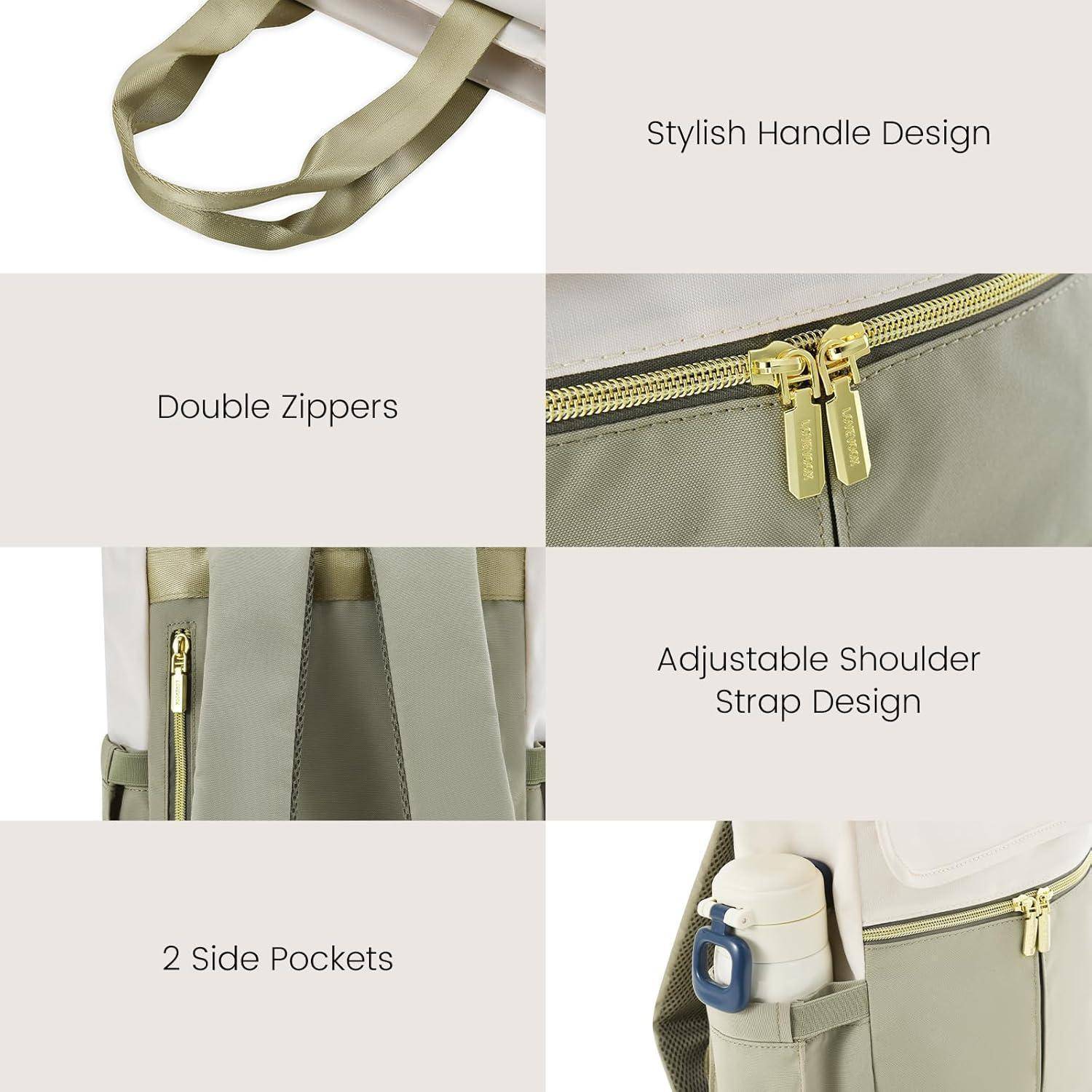 Tragetasche-Merkmale umfassen einen stilvollen Griff, Doppelreißverschlüsse, einen verstellbaren Schultergurt und zwei Seitentaschen mit Flaschen.