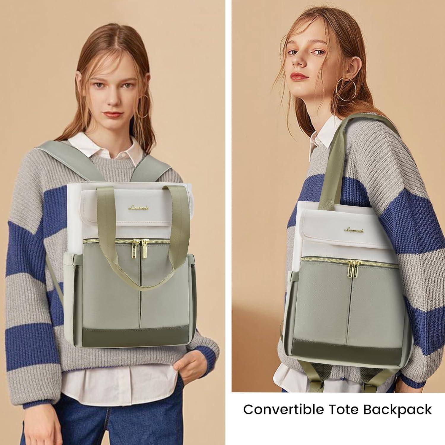 Zwei Models präsentieren einen Rucksack-Tasche-Hybrid in Grau und Olivgrün. Ein Model trägt ihn als Rucksack, während das andere die Tasche in der Hand hält.