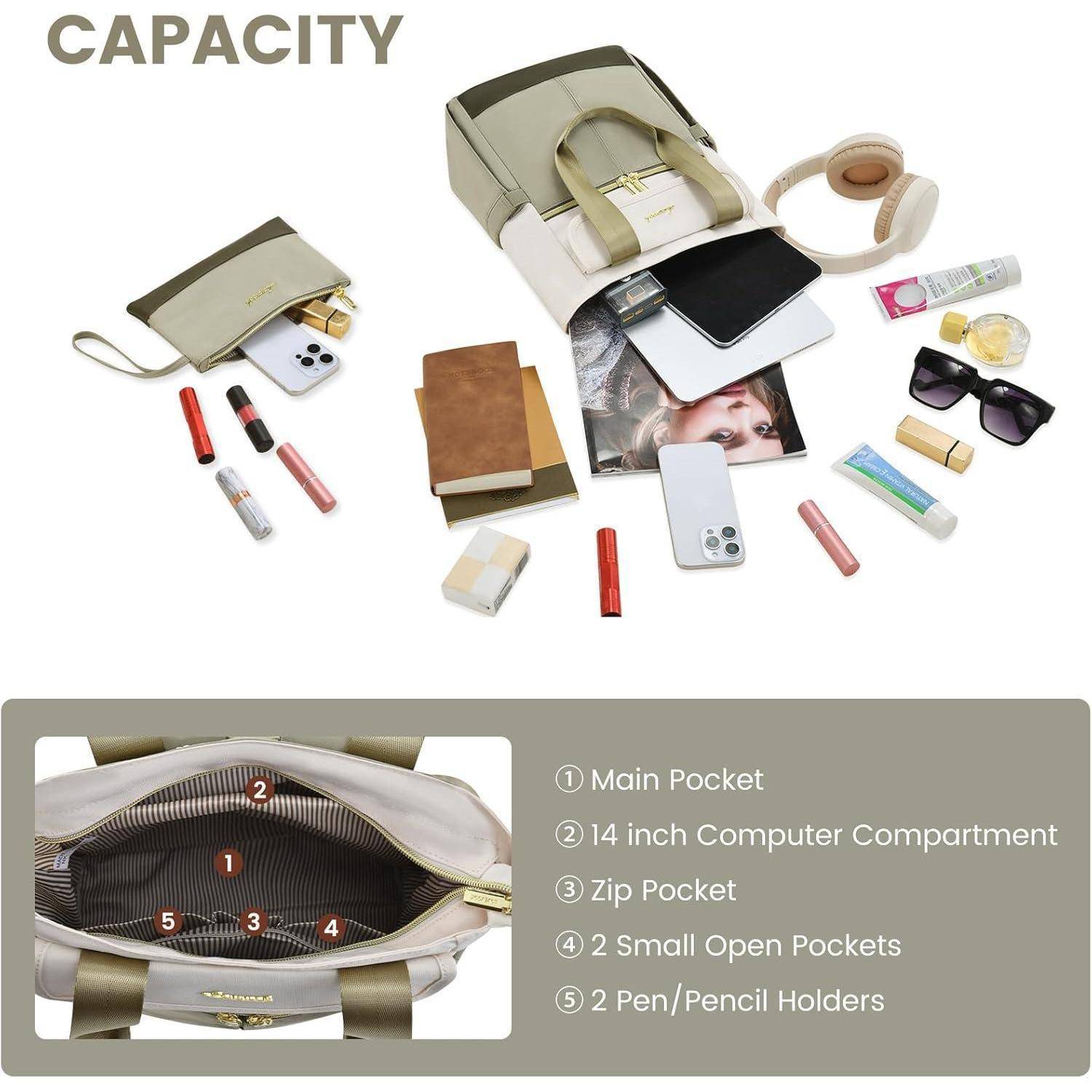 Handtascheninhalte umfassen Handy, Notizbücher, Lippenstift, Sonnenbrille, Kosmetik und Kopfhörer. Die Tasche verfügt über ein Hauptfach, ein Laptopfach, eine Reißverschlusstasche, offene Taschen und Stifthalter.