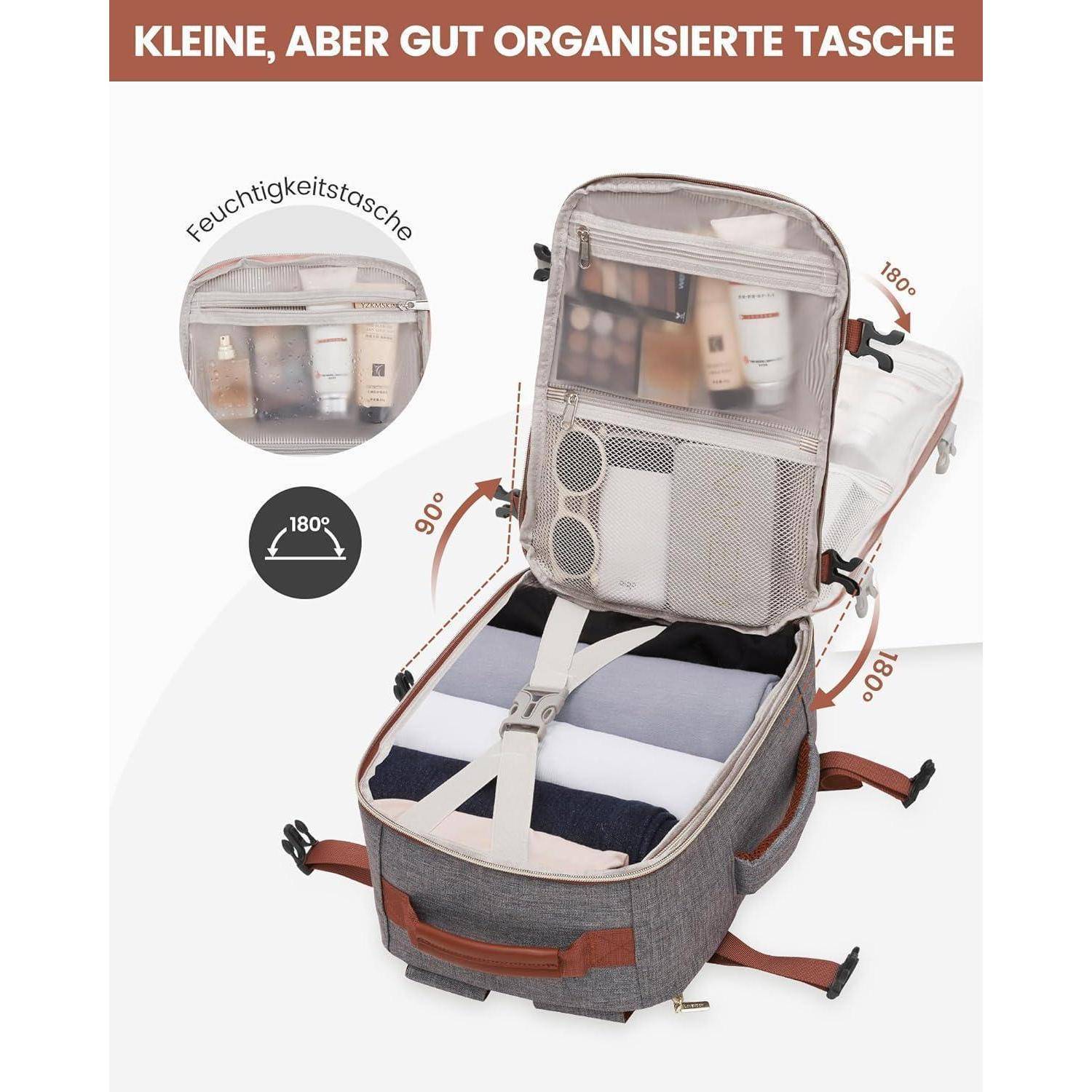 Reisetasche mit Fächern für Toilettenartikel und Kleidung öffnen, die ein kleines, gut organisiertes Design zeigt. Etikett liest sich: 