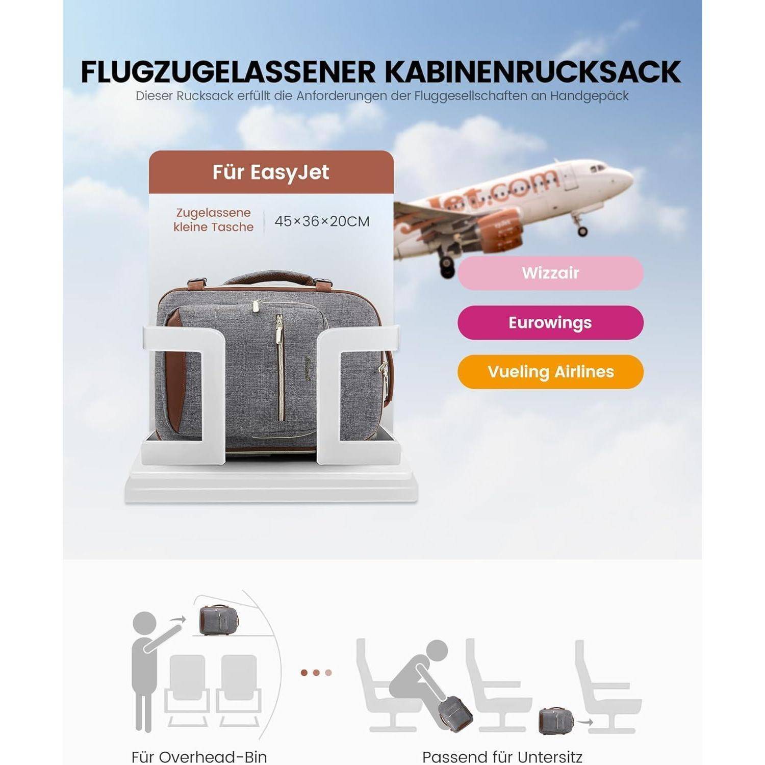 Handgepäck Rucksack Reiserucksack Flugzeug Dunkelgrau+braun 45x36x20cm