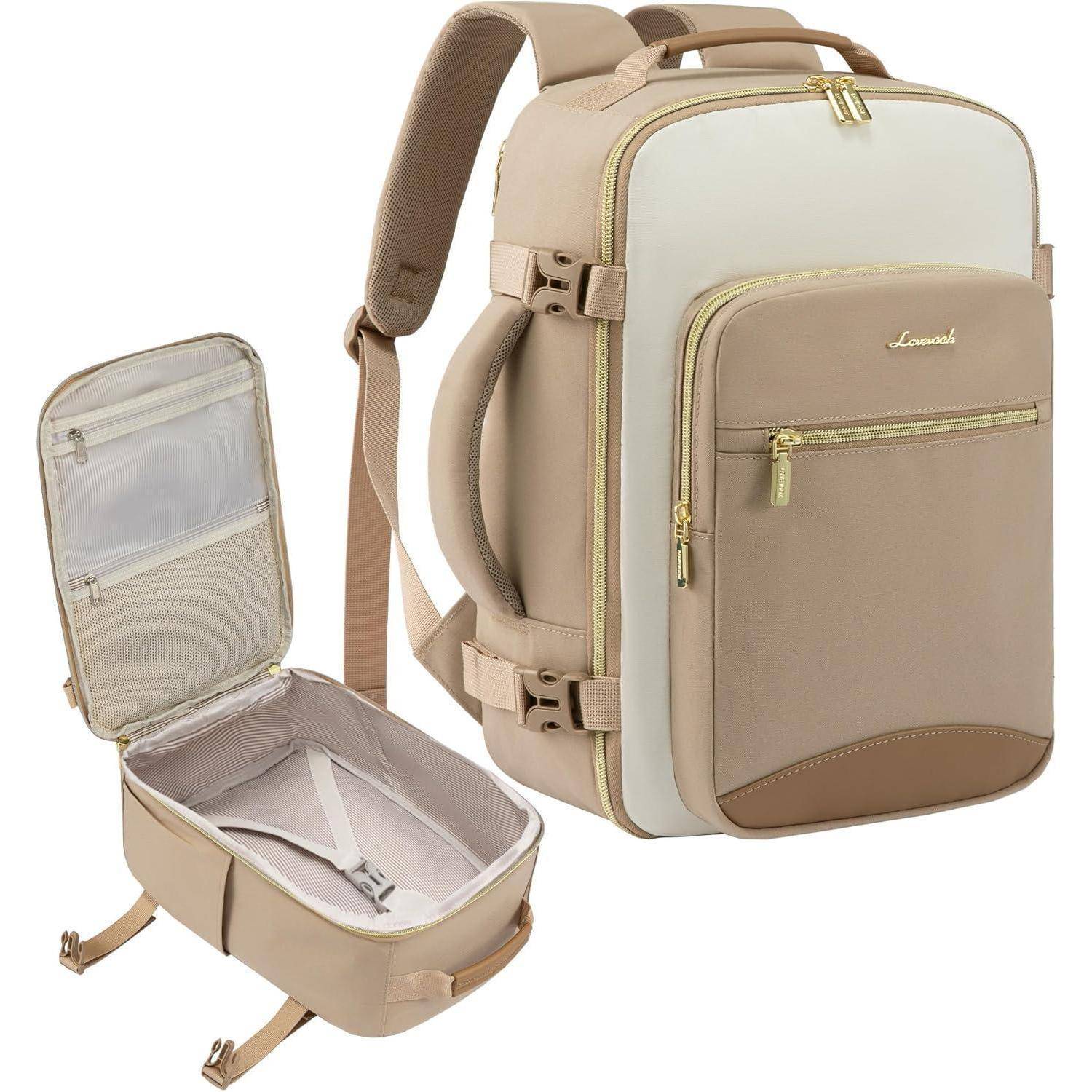 Ein beige-weißer Reiserucksack mit mehreren Fächern, verstellbaren Trägern und einem Seitengriff, der mit einem abtrennbaren Bodenteil geöffnet gezeigt wird.