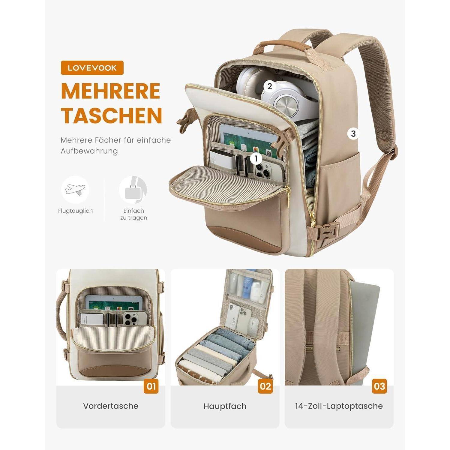 Ein beiger Rucksack mit mehreren Fächern, einschließlich Vordertasche und Hauptfach. Eigenschaften, die für Reisen geeignet sind, leicht zu tragen und Platz für einen 14-Zoll-Laptop bietet.