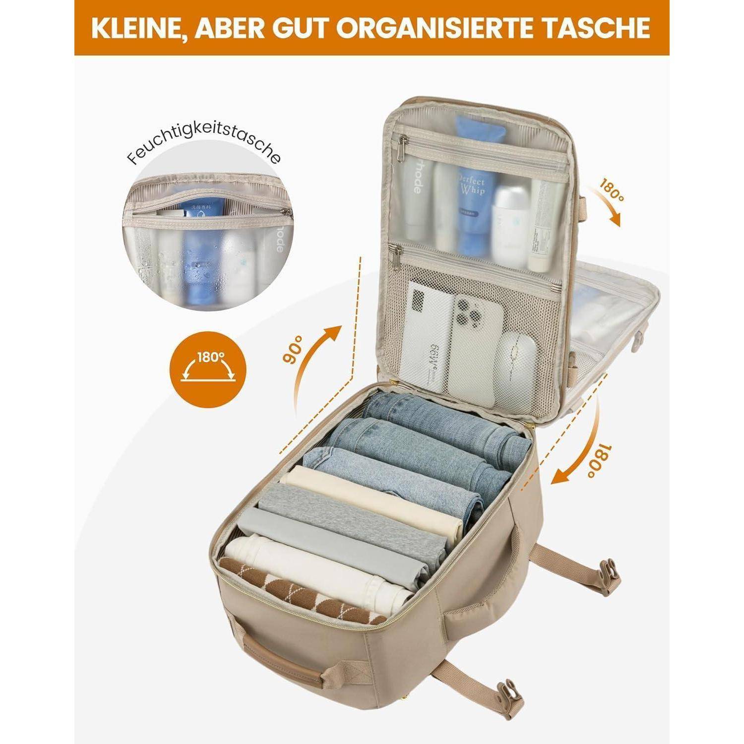 Eine beige Reisetasche ist geöffnet und zeigt übersichtlich angeordnete Fächer. Im unteren Bereich sind Kleidungsstücke aufgerollt, während im oberen Teil Toilettenartikel und ein Handy liegen.